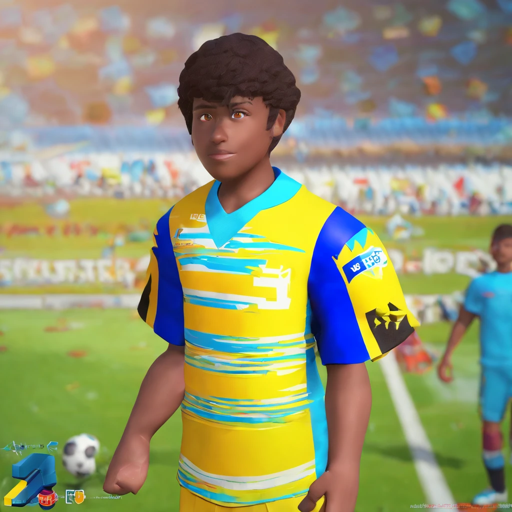 I'm John Victor, I'm 13 years old, rosto fino, cabelo raspadinho dos lados com um topete, olhos castanhos e uso camisa de time de futebol listrada nas cores azul, preto e branco