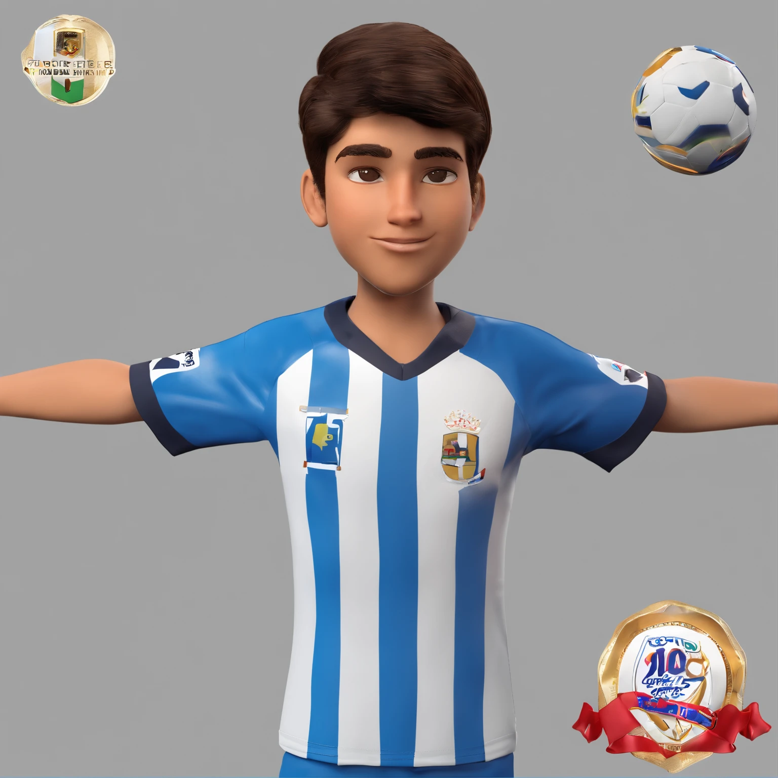 I'm John Victor, I', rosto fino, cabelo raspadinho dos lados com um topete, olhos castanhos e uso camisa de time de futebol listrada nas cores azul, preto e branco