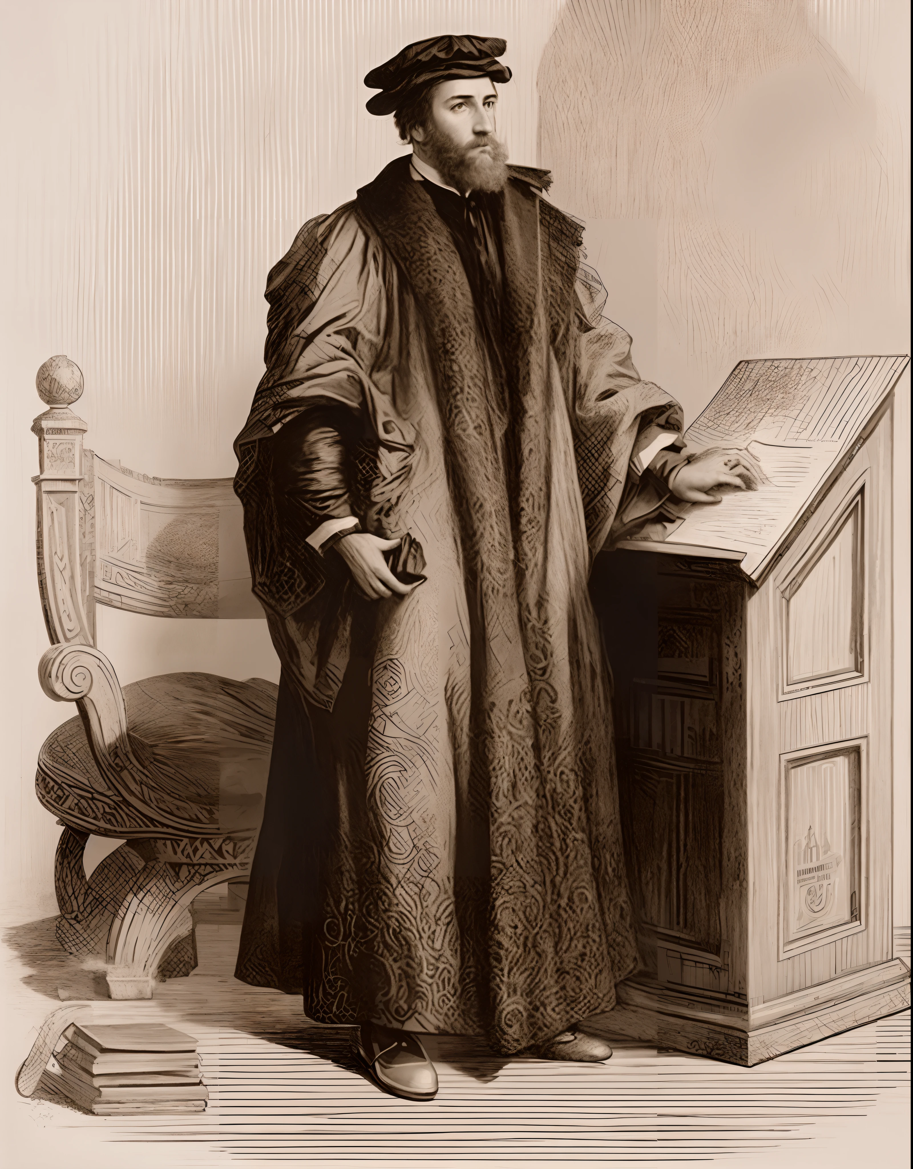 um desenho de um homem com um casaco de pele ao lado de uma mesa, estudioso renascentista vestido, a mid-nineteenth century engraving, Directed by: Aertgen van Leyden, Directed by: Joseph von Führich, vestindo capa de pele, Directed by: Philip de Koninck, 19th century wood-engraving, Anatomy Vesálio, Hieronymus Boch