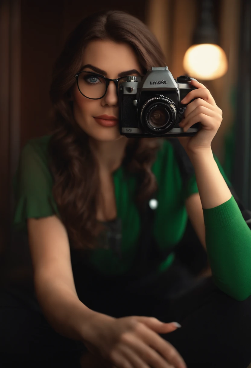 Pixar style image with 3D character glasses brunette woman medium brown hair and green eyes, with a makeup-free camera photographer dressed in black Disney outfit, bonitinho, sorridente ,Close-up, Pixar, Disney, Cinema lighting