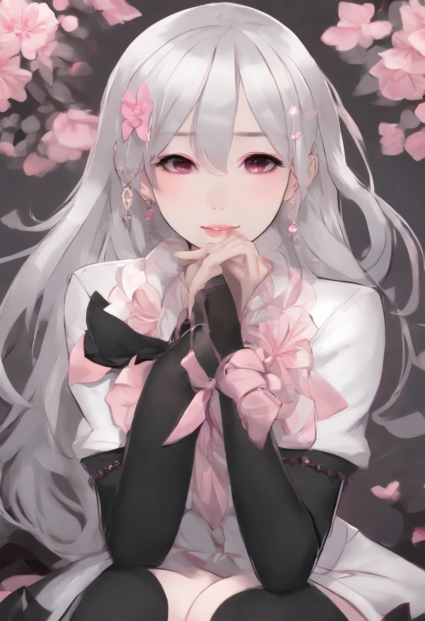 girl with white hair with pink highlights beautiful flat illustration, game concept art, digital art, beautiful video game character, grayish white eyes, sharp teeth, obsessive insane smile, black seductive battle outfit, slender figure, semi-monochromatic, soft and bright, intense bold color palette, elegant artstyle, anime character, digital art oc comission, girl, 1girl, (girl sitting down with bare feet exposed:1.2), portrait, full body portrait, sitting