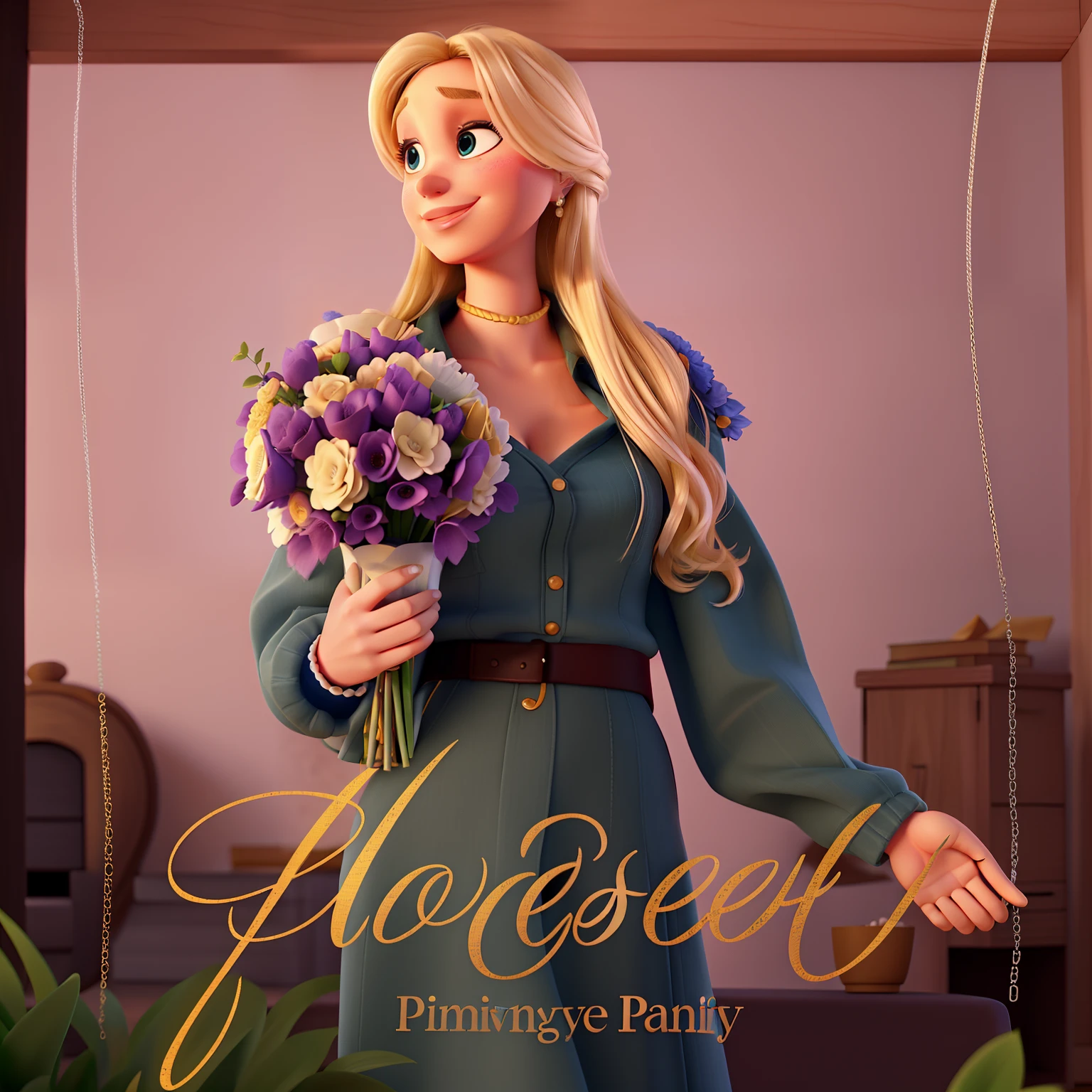 A blonde woman holding a Disney Pixar style bouquet, alta qualidade, melhor qualidade