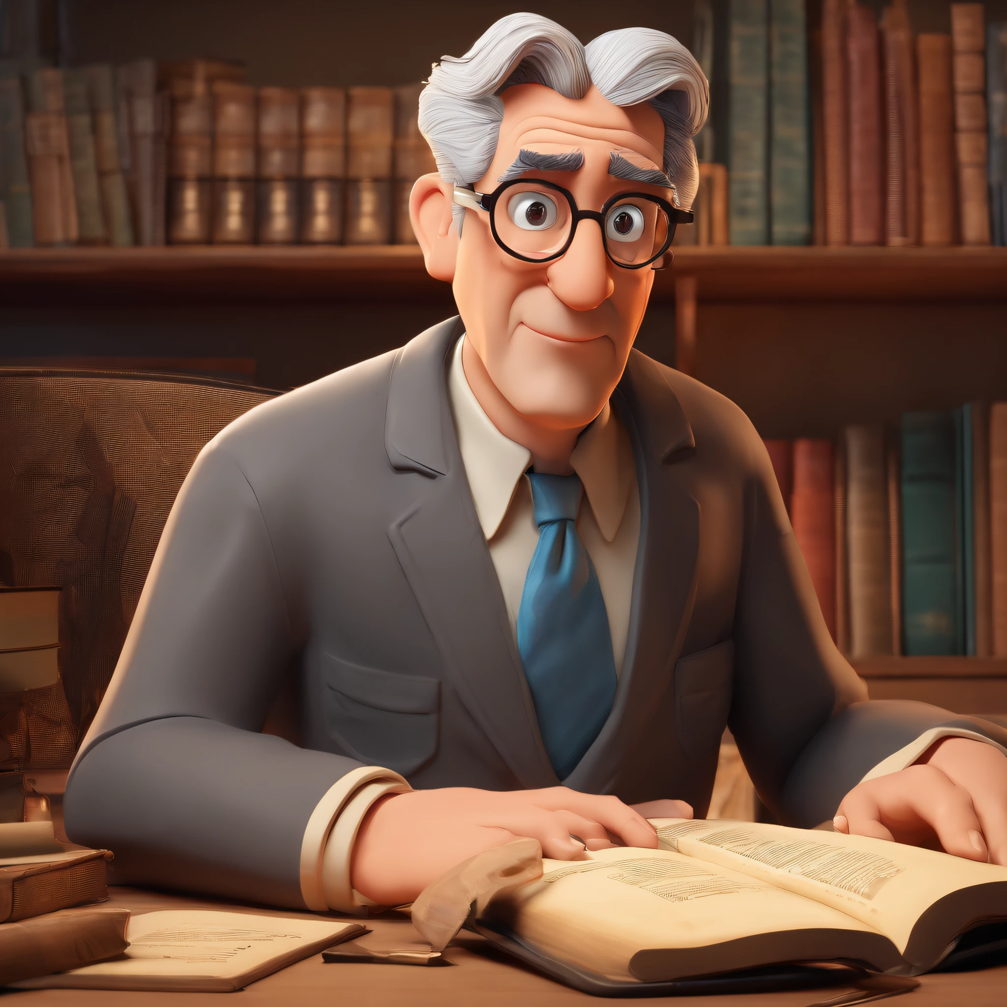Crie um cartaz inspirado na Disney Pixar com o personagem sendo o pastor Rubens Janier, A gray-haired man wearing glasses, in an office with a Bible on the table, Looking forward and serious
