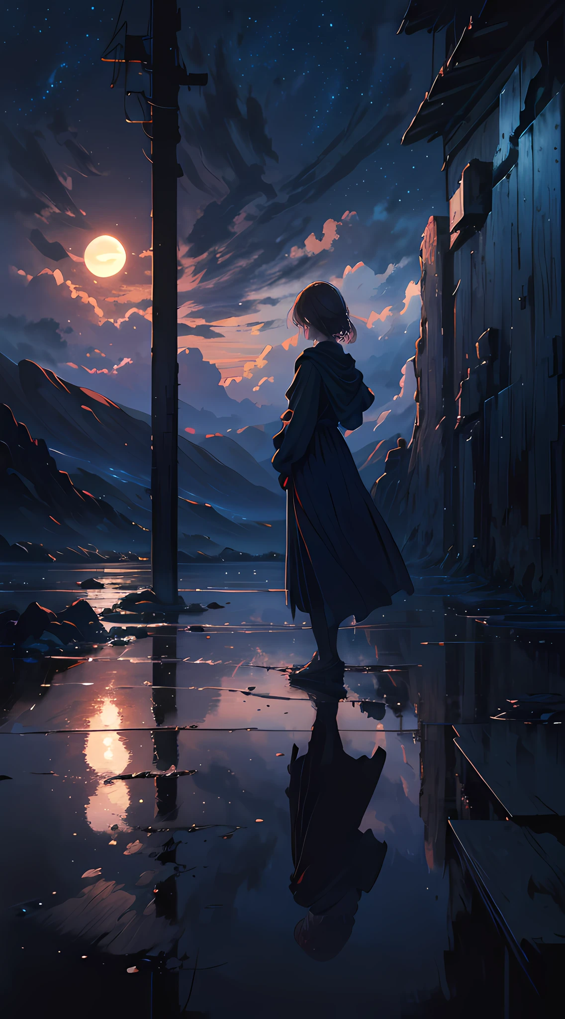 "(best quality,4k,8k,highres,masterpiece:1.2),realistic,ultra-detailed,landscape,black,dark blue,red,white,paintings:1.1,oil paintings,contrast,shadow,impressionism,dreamlike,moonlight,highlights,texture,serene,calm,harmony,breathtaking,subtle color transitions,soft brushstrokes,magical atmosphere,ethereal,mystical,tranquility,reflection,stillness"