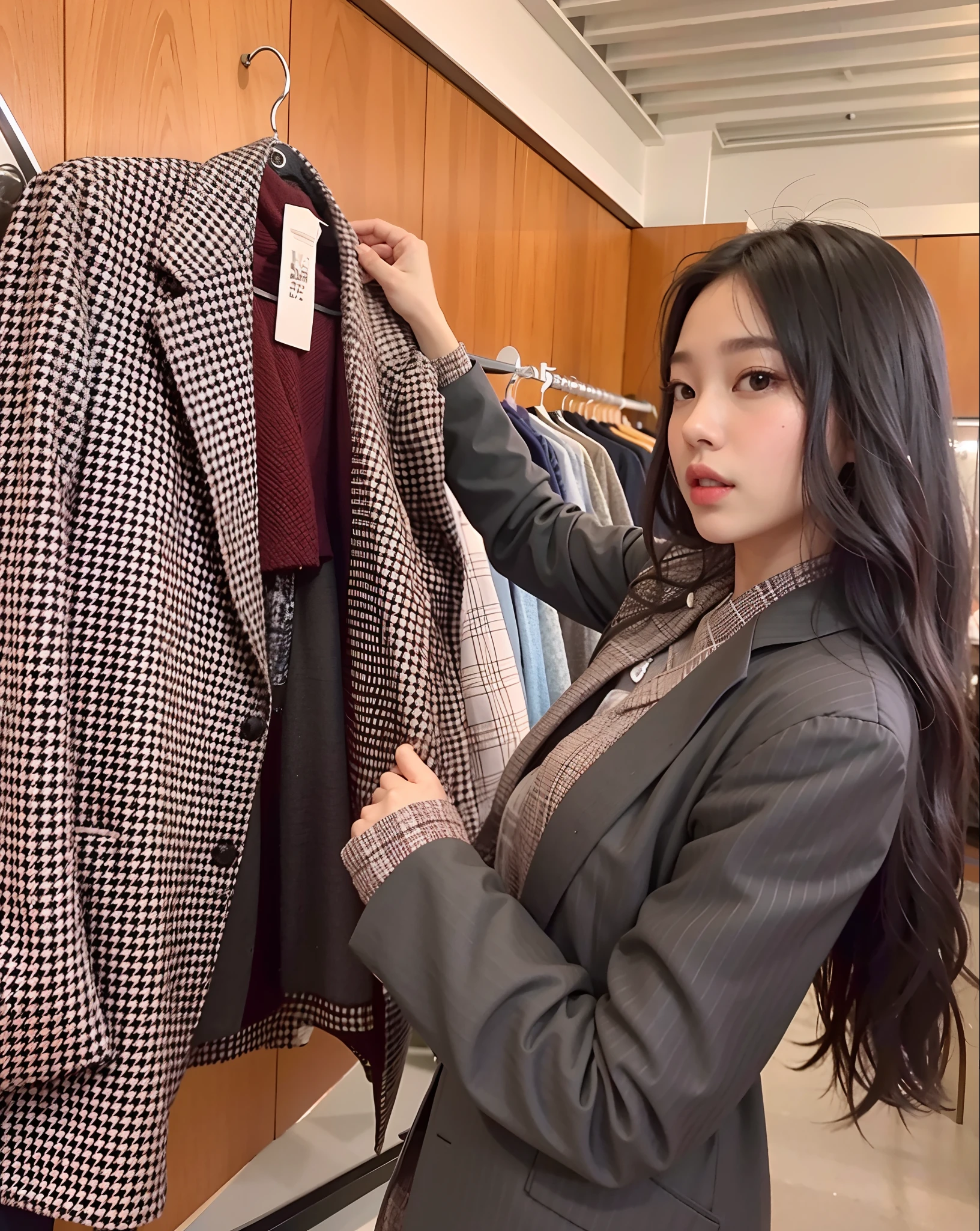 mulher de terno e gravata olhando para um terno em um cabide, jennie blackpink, Bae Suzy, Jinyoung Canela, Ji-Min, vestindo terno de moda, Gongbi, 2 0 2 0 moda, jia, jossi do blackpink, Parque Roseanne do Blackpink, menina no terno, suit jacket, usando jaqueta e saia, terno luxuoso, naipe
