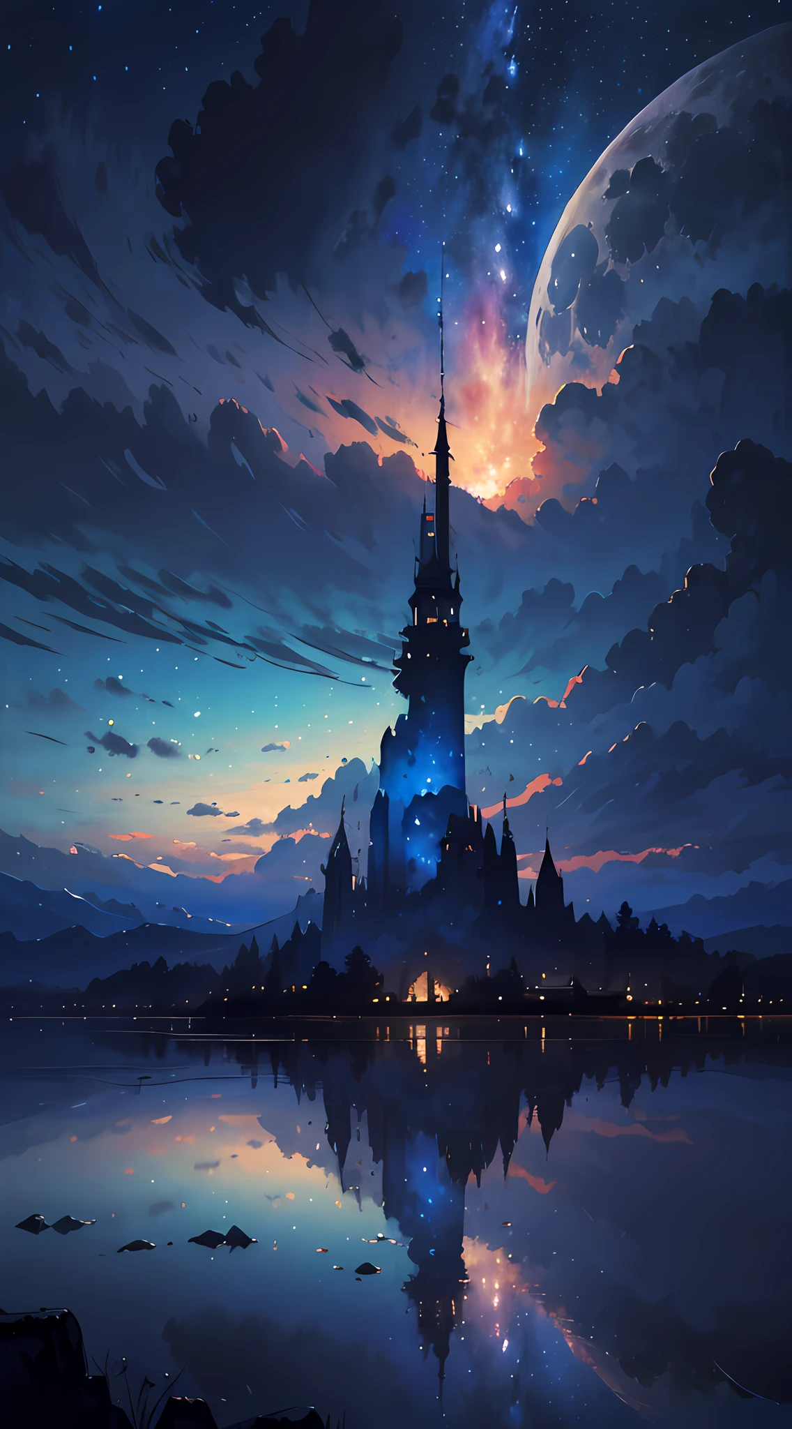 "(best quality,4k,8k,highres,masterpiece:1.2),realistic,ultra-detailed,landscape,black,dark blue,red,white,paintings:1.1,oil paintings,contrast,shadow,impressionism,dreamlike,moonlight,highlights,texture,serene,calm,harmony,breathtaking,subtle color transitions,soft brushstrokes,magical atmosphere,ethereal,mystical,tranquility,reflection,stillness"