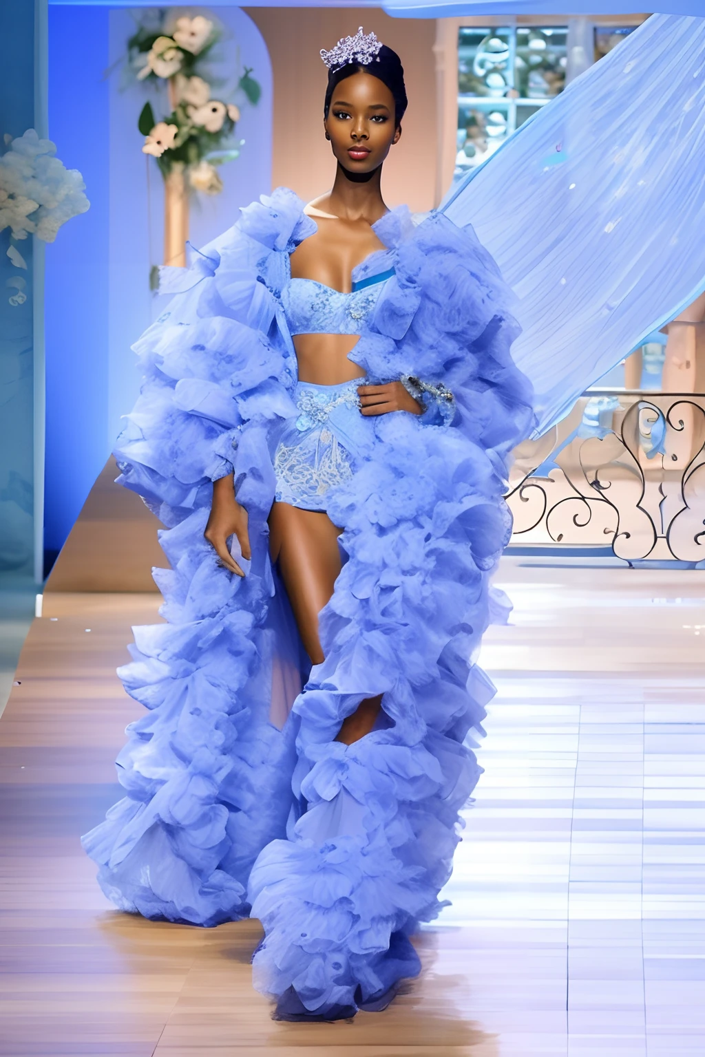 A woman in a blue dress and a knotting one walking down a catwalk, desfile da victoria secret, Maria Borges, Modelo da Victoria's Secret, Alta costura moda, fantasia de alta moda, Naomi Campbell, modelo de passarela glamourosa, bolo', Moda de Alta Costura, alta moda! moda!, Trump Akech, na pista, Fantasticamente vistoso, babado MUITAS FLORES NO VESTIDO FLORES DE TECIDO NO VESTIDO FLORES DE TECIDO