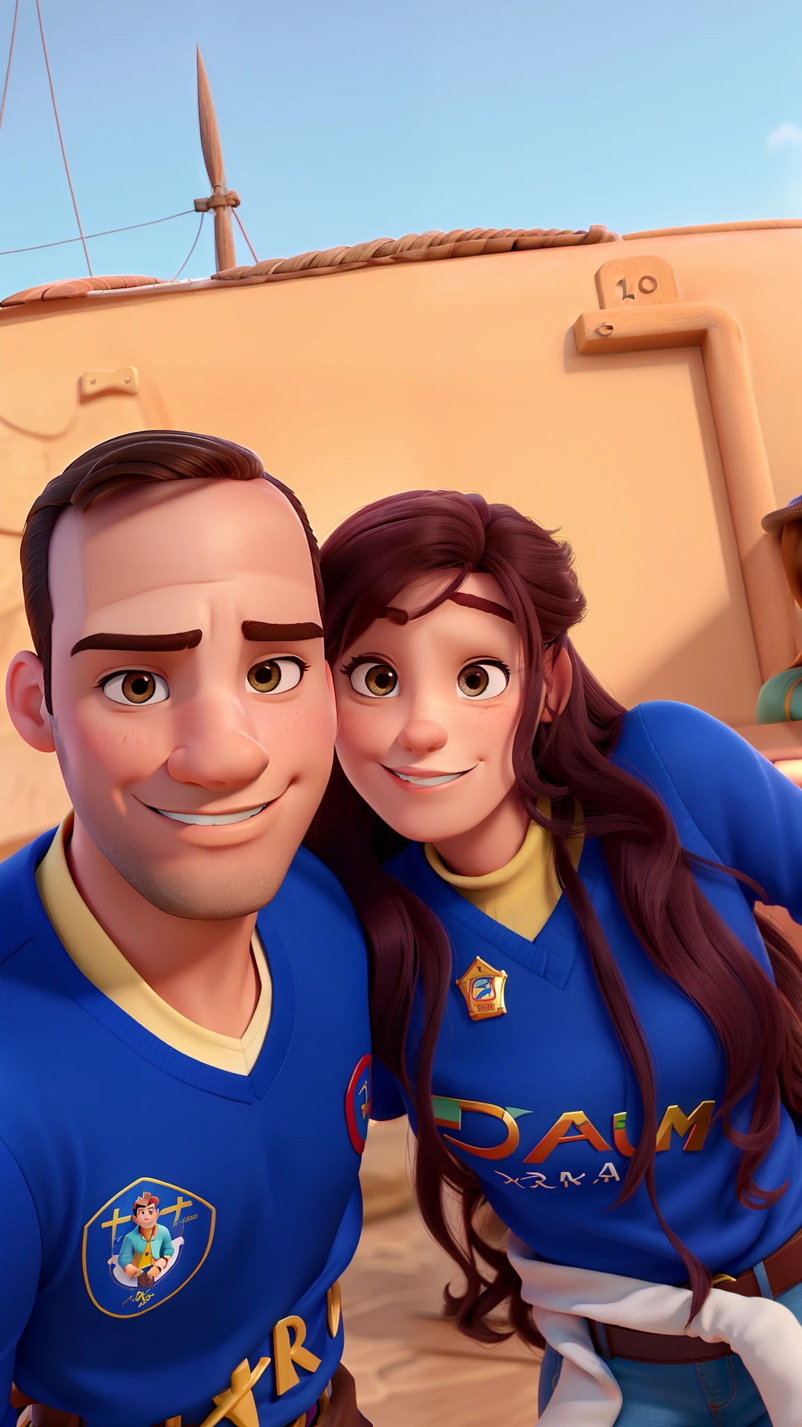 Casal (homem moreno e mulher branca) no estilo Disney Pixar, alta qualidade, melhor qualidade.