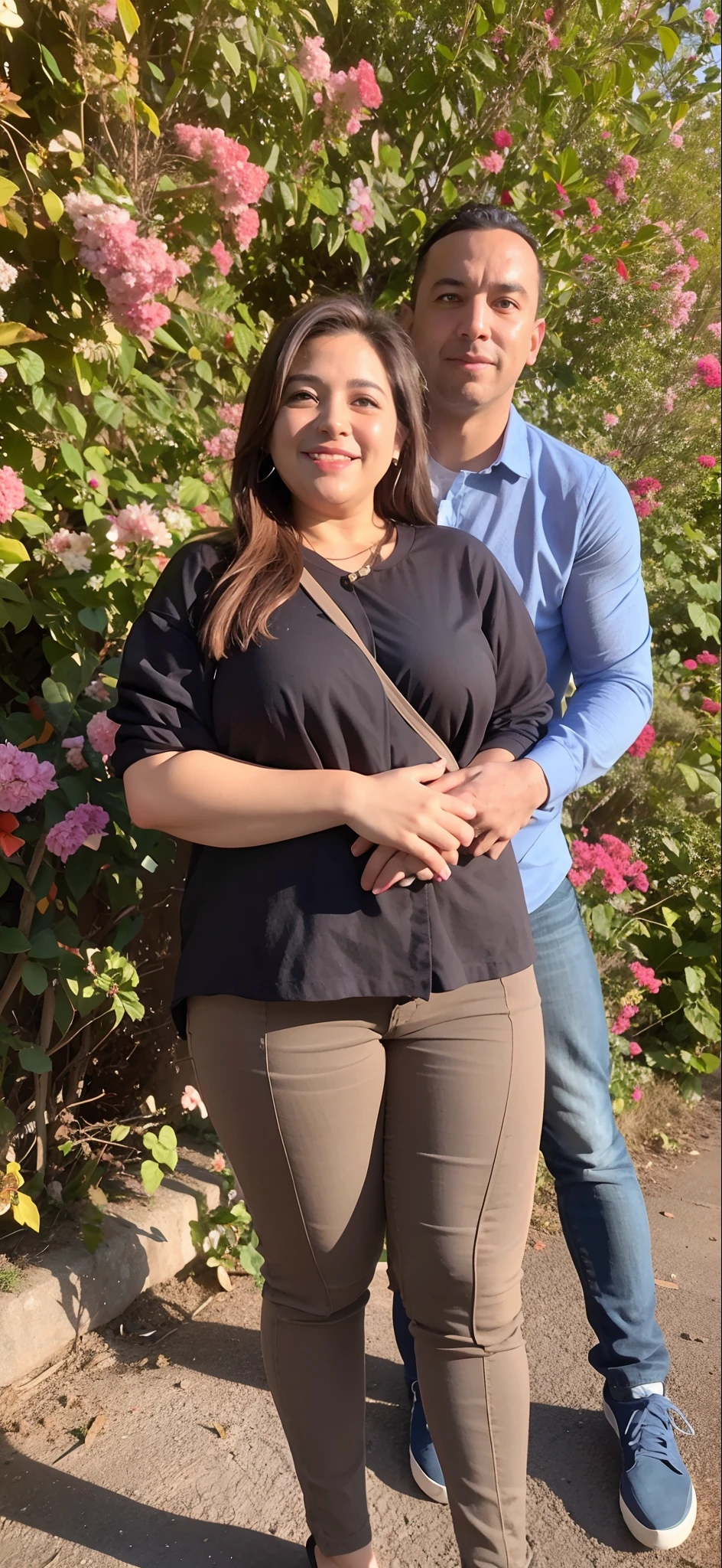 They're standing in front of a flower bush, Fotografia tirada em 2 0 2 0, full body photogenic shot, foto do perfil, imagem de perfil, taken in the early 2020s, pose de casal, full body photgraph, Lovely couple, foto de perfil, tirada na hora dourada, Foto de perfil, imagem do avatar, Casal feliz, photo shoot