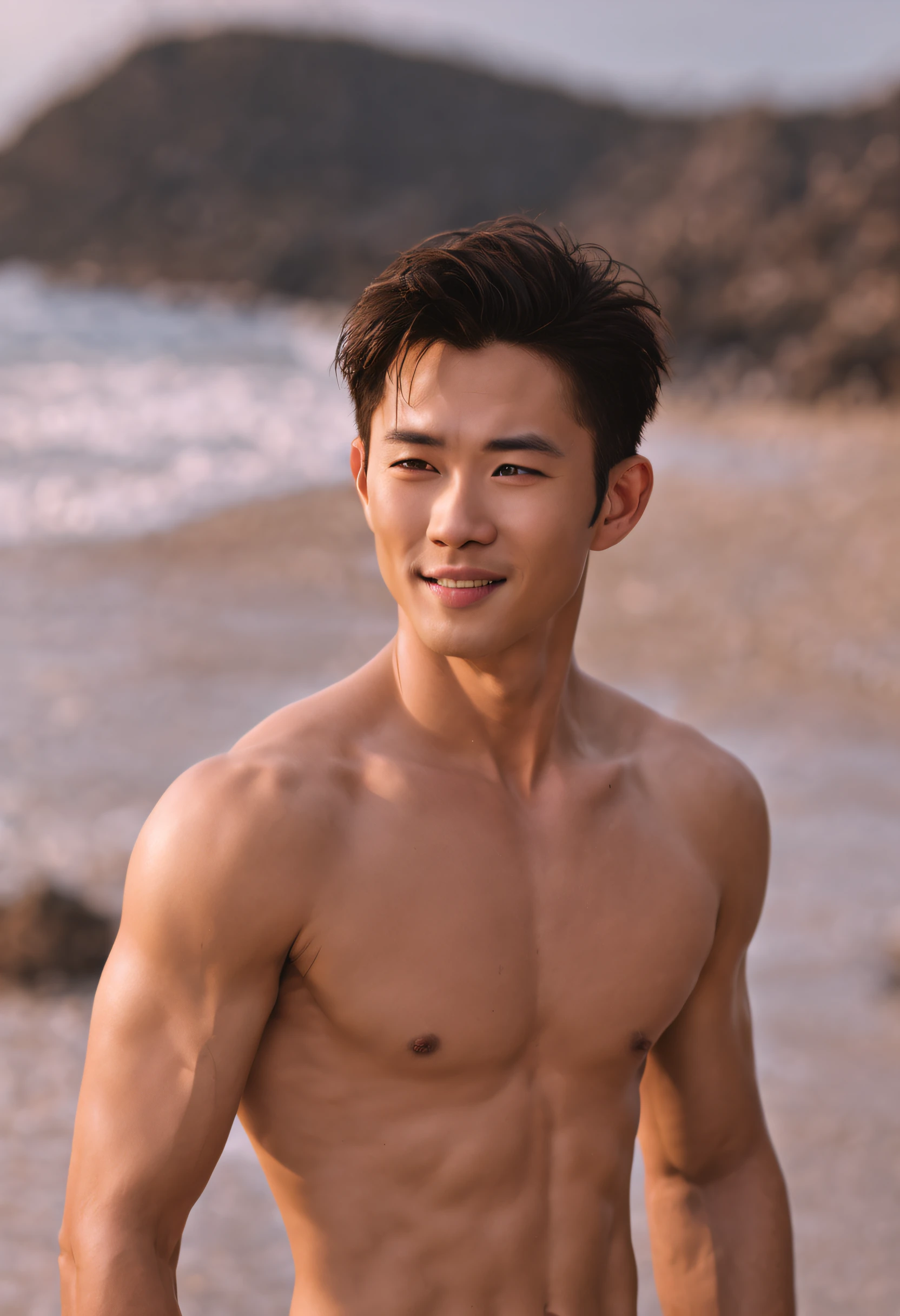 Cinematic soft lighting illuminates a stunningly detailed and ultra-realistic handsome Chinese male supermodel, beach look, ultra short messy light brown hair, clear honey eyes, captivating perfect smile, sensual, hot man, insanely handsome, full body, nude, penis, 8k, photography, masterpiece, detailed face, detailed eyes, detailed hands,