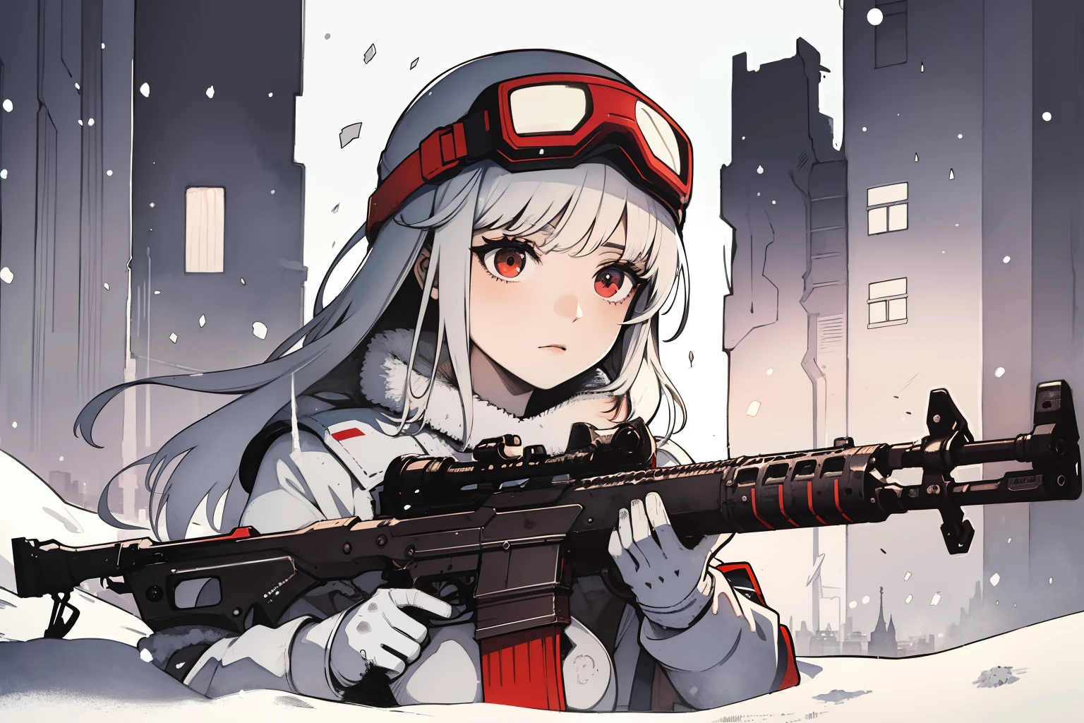 masterpiece, best quality, 1girl, (closeup), 1girl, snipler, white outfit, (red goggles), holding a rifle, winter, snowstorm, snowfall, white, city ruins, desolate, watercolor, sketch