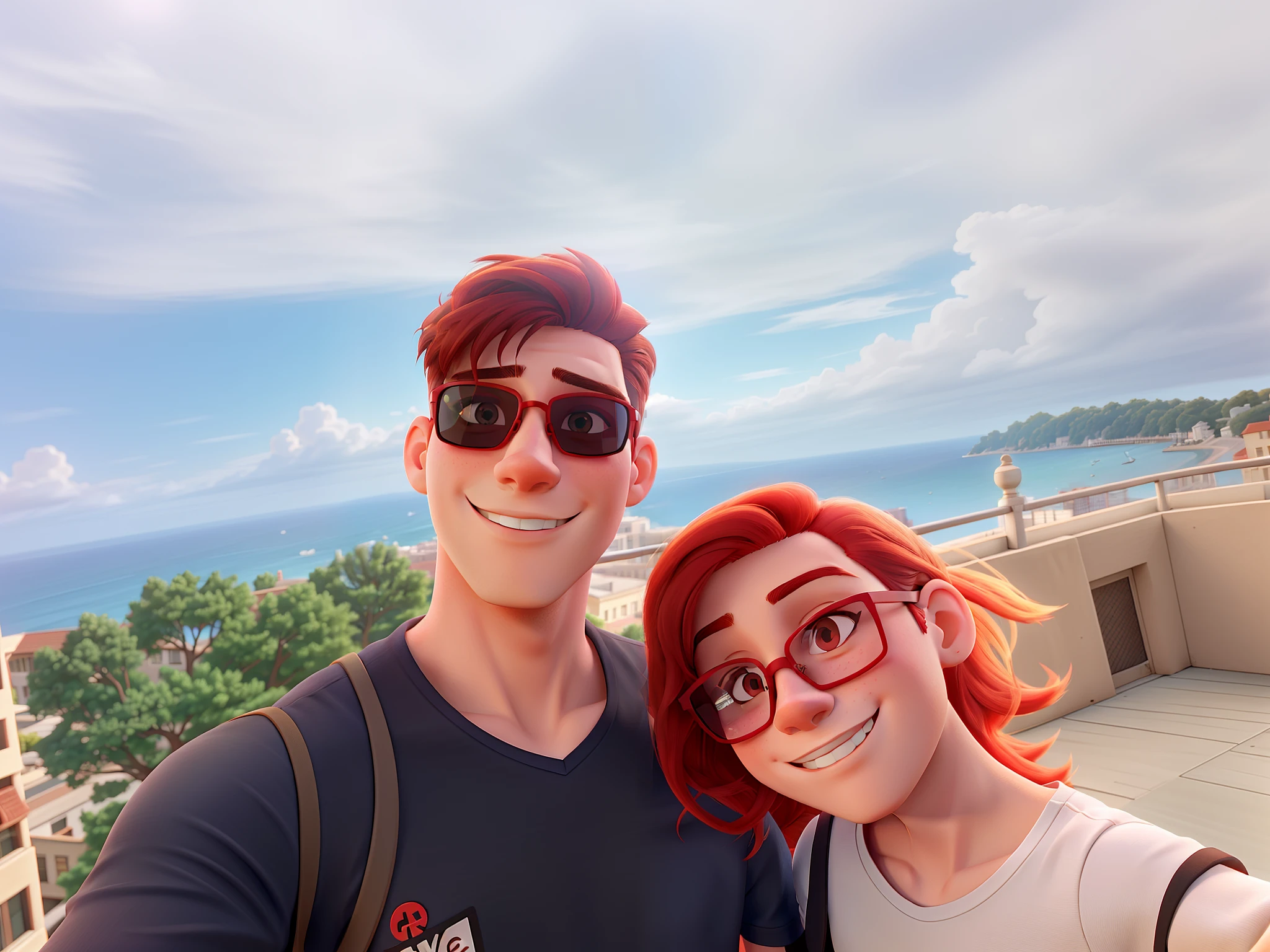 A young adult male with rayban sunglasses on and a red haired young adult female taking a selfie on a balcony