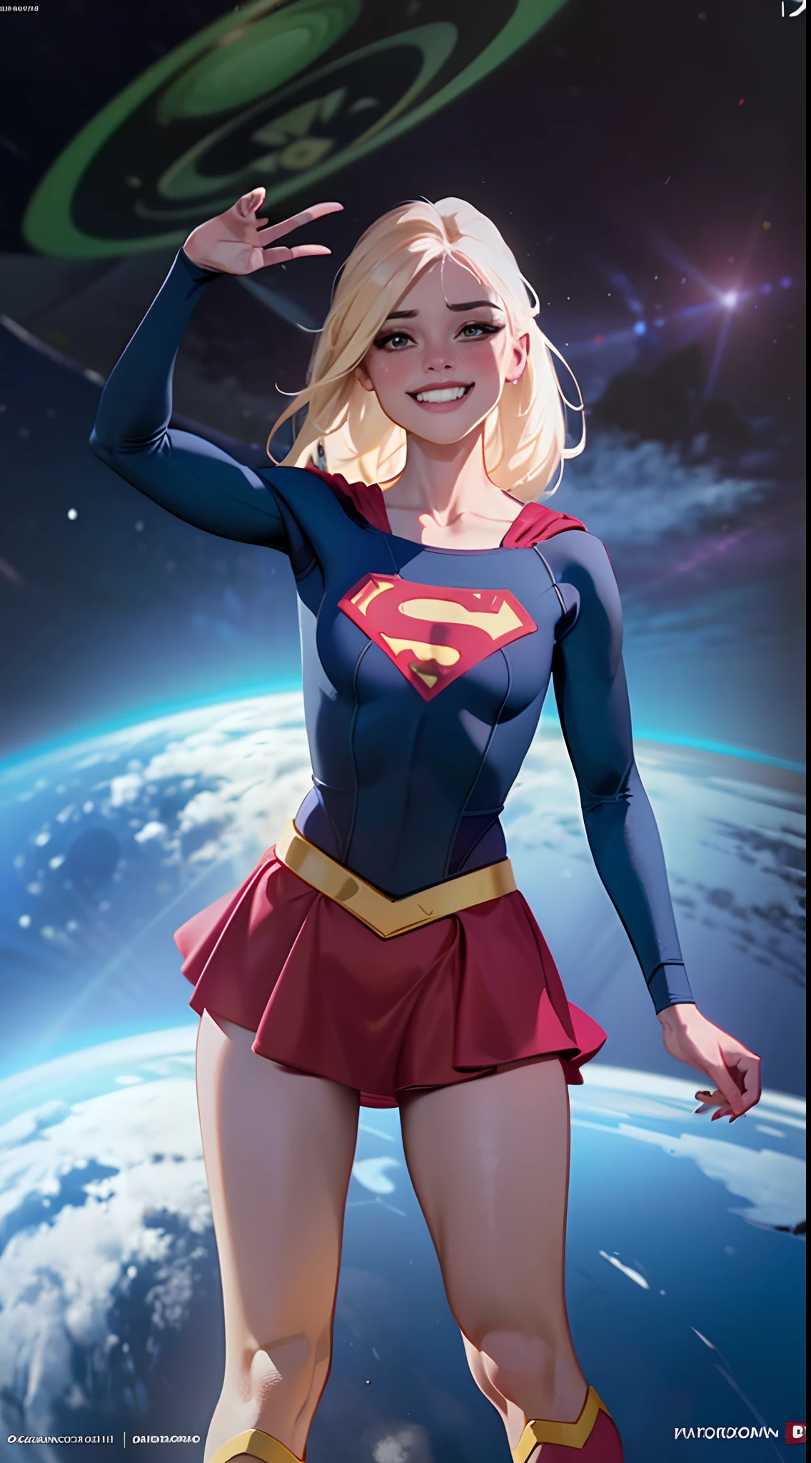 capa de revista:1.4),texto em negrito,Buscar, Supergirlfit, cabelos muito longos, cabelos loiros, cabelo entre os olhos, rabo de cavalo alto, Fechaduras laterais, Olhos azuis, Supergirl, roupas brilhantes, impossible bodysuit, Pele apertada, skirt, Olhando para o Viewer sorrindo, (blush vermelho,irritado:1.2),(pernas musculosas:1.3), (heroic pose), ((She's flying over planet earth))