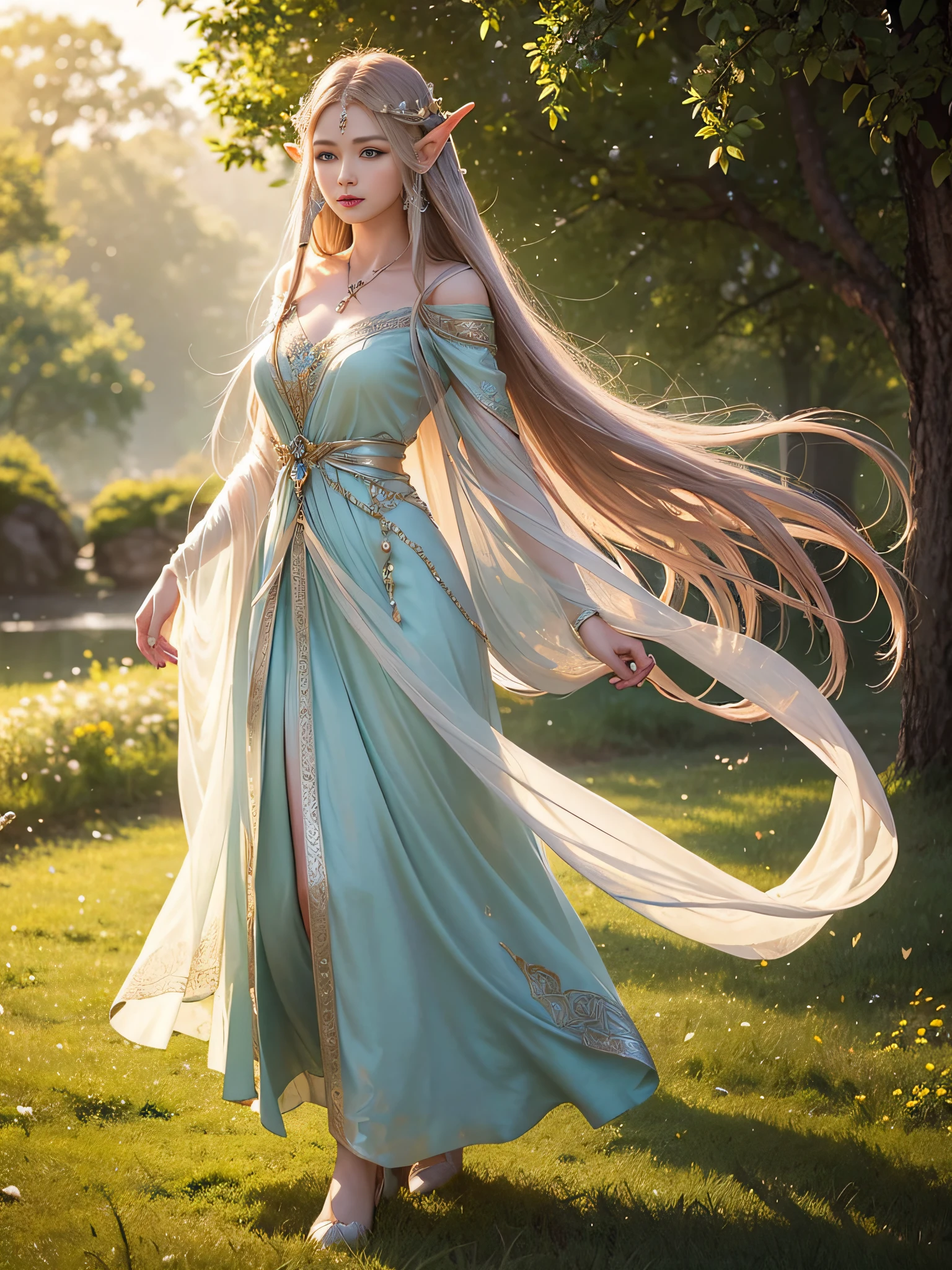 Graceful elven girl standing in meadow, Delicate face illuminated by the soft light of the setting sun. Her long, Flowing hair runs down your back, Decorated with intricate braids、Adorned with sparkling gemstones. This stunning picture is、、It captures the ethereal beauty of elves. Slender figure in a silk dress、Swaying in the soft steppe breeze. Attention to detail、Face that is、It is evident in the intricate patterns of the dress and the subtle highlights of the luminescence. skin. The breathtaking portrayal of the elven girl is、、Create an enchanting atmosphere、It invites the viewer to a magical world.