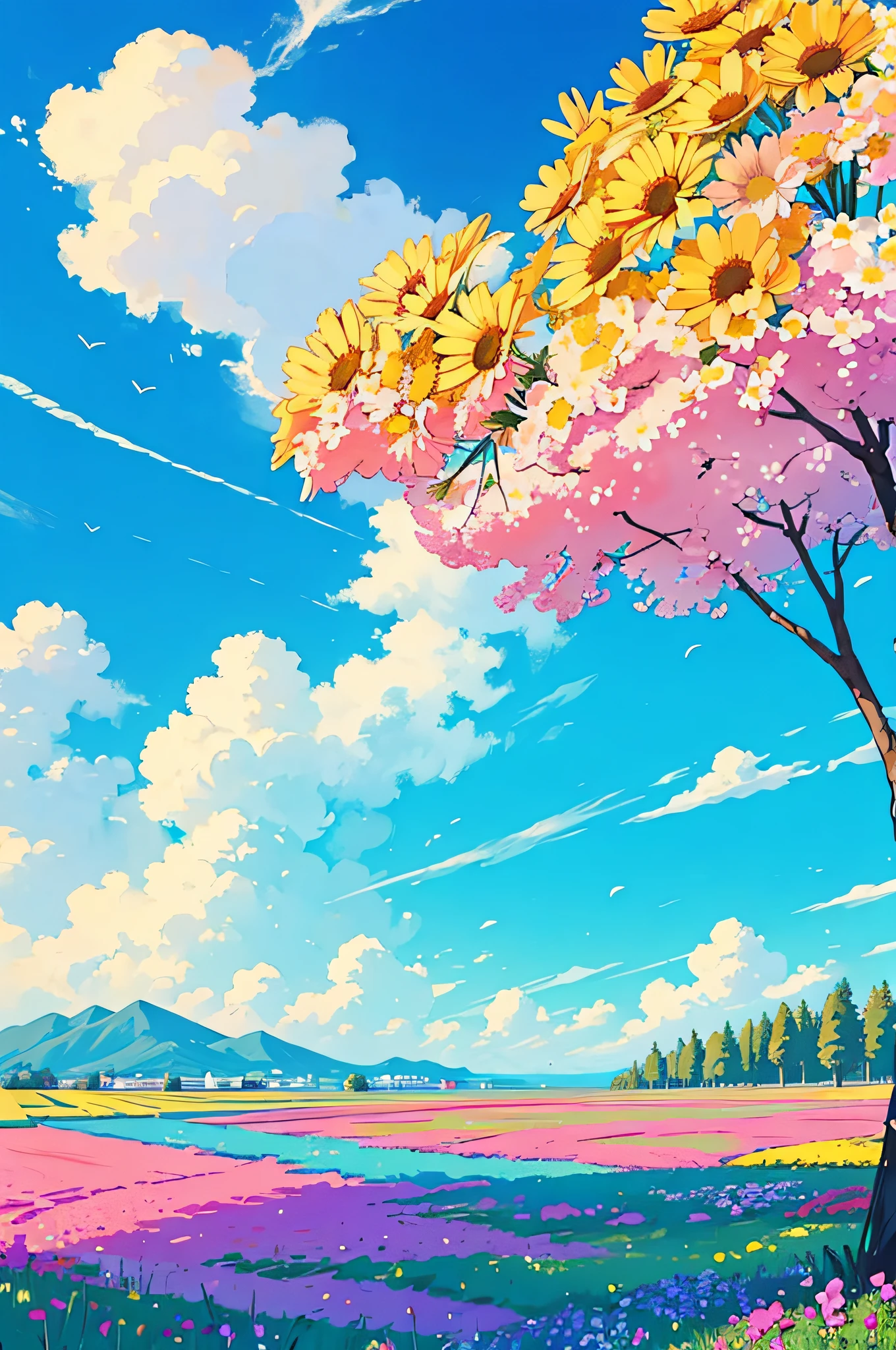masterpiece, best quality,background ,lanscape,aesthestic, flowers background,sunny day ,blue skies,floral