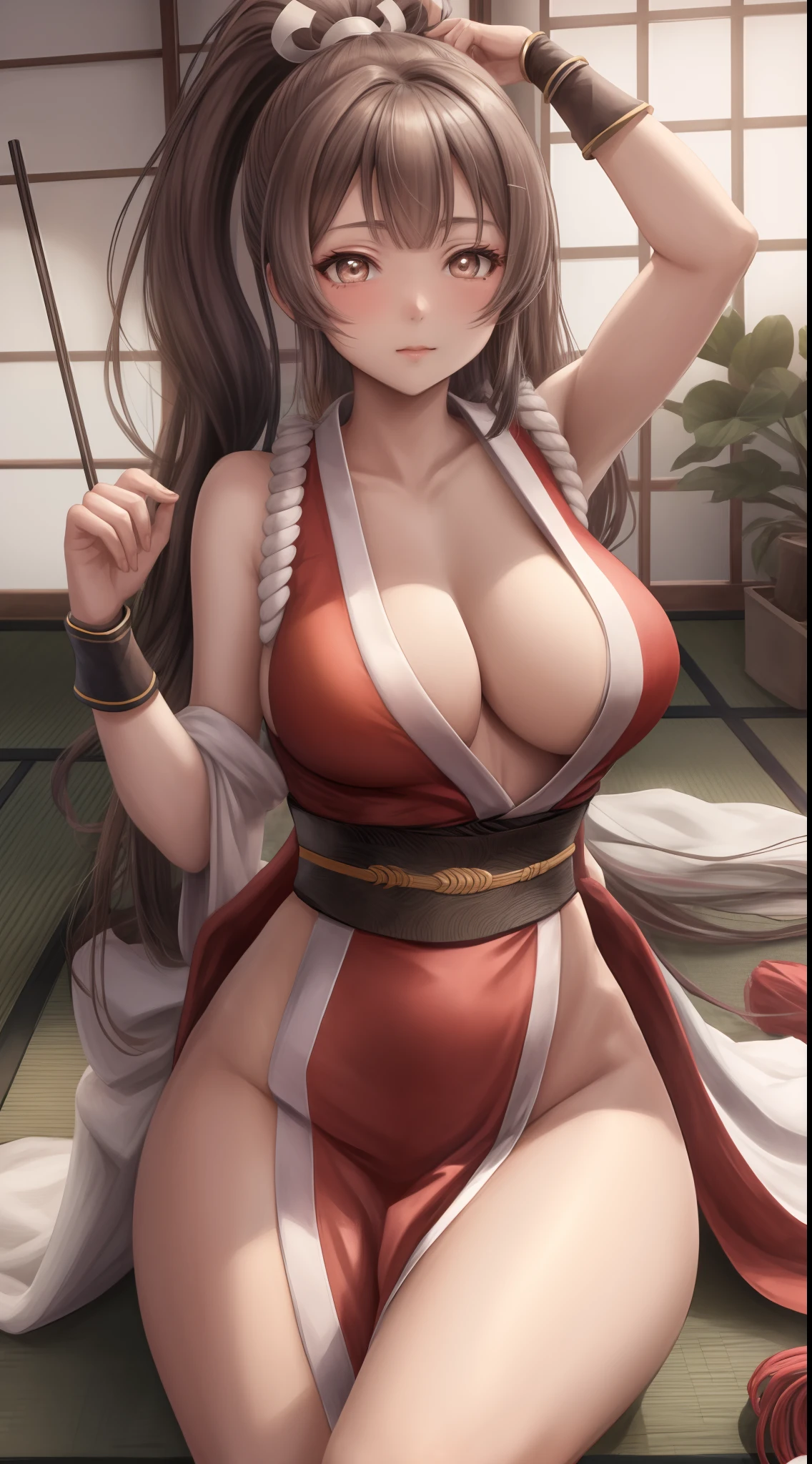 masterpiece, best quality, very detailed face, face makeup, eye makeup,minami kotori, kunoichi dress, large breasts, curvy body,  BREAK dojo, japanese architecture, llchar, bangs, sexy