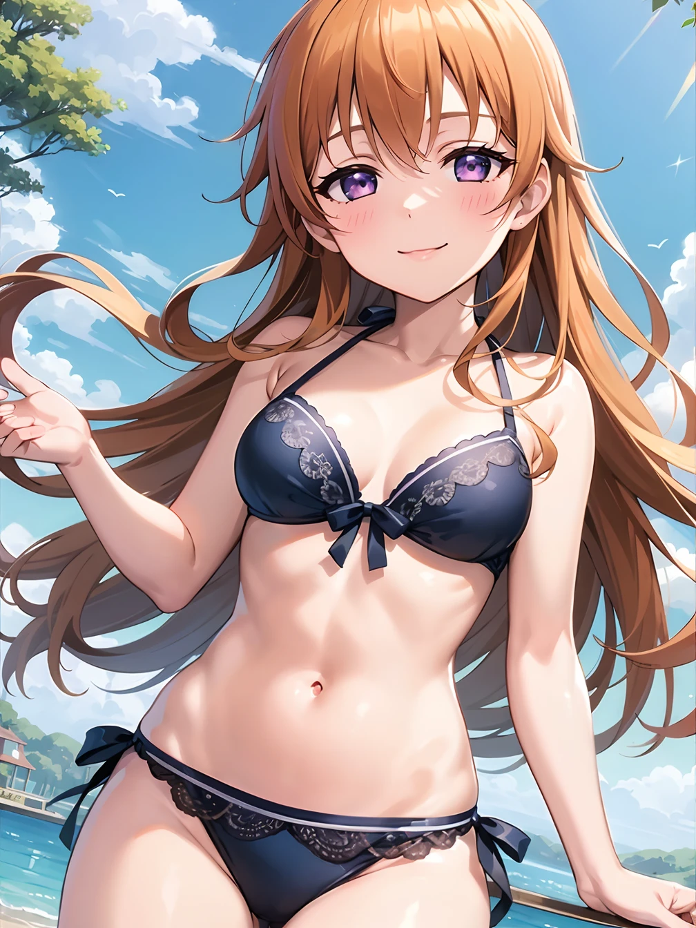 Anime girl in long hair bikini standing on the beach, Seductive Anime Girl, realistic bikini, Swimsuit, marin kitagawa fanart, in a sunny day, charming anime girls, Smooth Anime CG Art, Rin, Beautiful anime girl, Fine details. girls' frontline, in bikini, pretty anime girl, attire: bikini of, Anime Best Girl, Anime visuals of cute girls, I'm smiling at you, 1girl in,huge-breasted, hanging breasted, huge-breasted, bikini nagatiti,look at viewr, They are smiling, Skysky,ocean,swimsuit under clothes, From above, Nipple adjustment, Areola,big areolae, swollen nipples,,