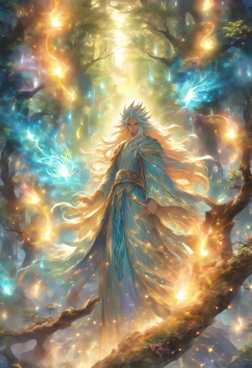(best quality, Altas, ultra-detalhado, Realistic:1.37), macho, olhos azuis brilhantes, Long, flowing white hair,Casting Brilliant Spells, Forests of Mystical Fantasy, sorriso malvado, atmosfera encantada, assombrosamente bela, Ethereal, Magia negra, Hipnotizante, cativante, Aura misteriosa, Wisps de magia, brilho ao luar, Poder antigo, enchanting presence, brilho encantador, entrincado spellcasting, swirling energy, Mystical symbols, paisagem surreal, majestic trees, folhagem vibrante, moonlight filtering through the branches, luzes piscando, magical creatures, melodias encantadoras, sussurros sobrenaturais, ethereal haze, divinamente poderoso, darkness aura, beleza encantadora, olhar encantador, magical essence, charme inebriante, Femme fatale, Mythical kingdom, assombrosamente sedutor, espectadores encantados