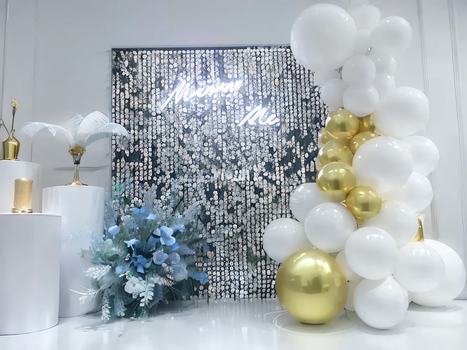 (best quality,4k,8k,highres,masterpiece:1.2), ultra-detailed, (realistic,photorealistic,photo-realistic:1.37), close-up of a white and gold balloon arch with a banner, geometric background, flickering LEDs, sparkling wedding, silver and gold, gold and silver, bokeh chrome accents, white and gold color scheme, gold and white, intricate white and gold neon lights, shimmering, gold theme, highly decorative, white and teal metal tones, gradient from white to silver