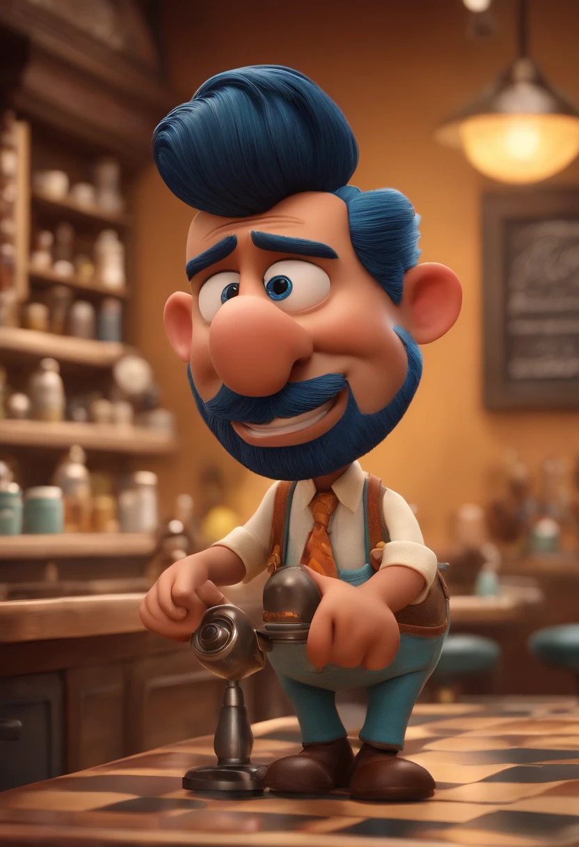 A Dream Barber Inspired by Pixar Animation, de perto. The character takes center stage with captivating facial expressions, oferecendo um toque de irrealidade, Cabelo curto e gordinho gradiente