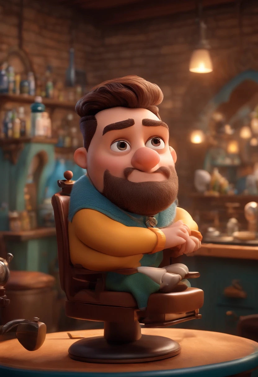 A Dream Barber Inspired by Pixar Animation, de perto. The character takes center stage with captivating facial expressions, oferecendo um toque de irrealidade, Cabelo curto e gordinho gradiente
