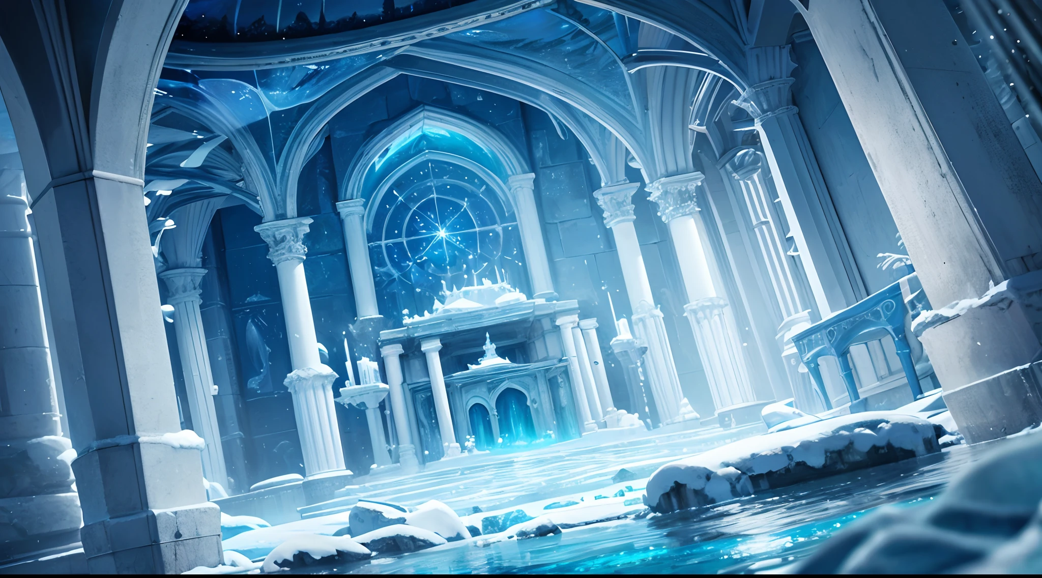 In the underwater world,Sink the forgotten ancient capital,The surface of the water is illuminated by endless snow and ice,Lots of detail,Bubble,Sea Dragon,water flowing,The sea shines,Sparkling,Very detailed,Perfect stills,Shocking,Majestic,Magnificent,high-definition photograph,8K