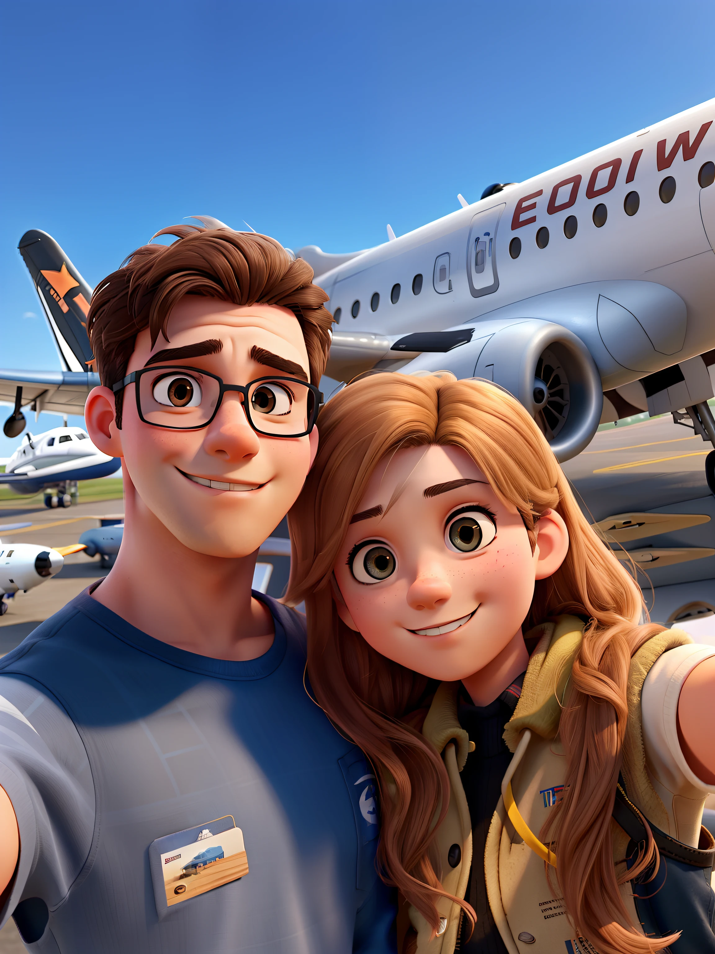 A young adult male and female taking a selfie infront of a plane