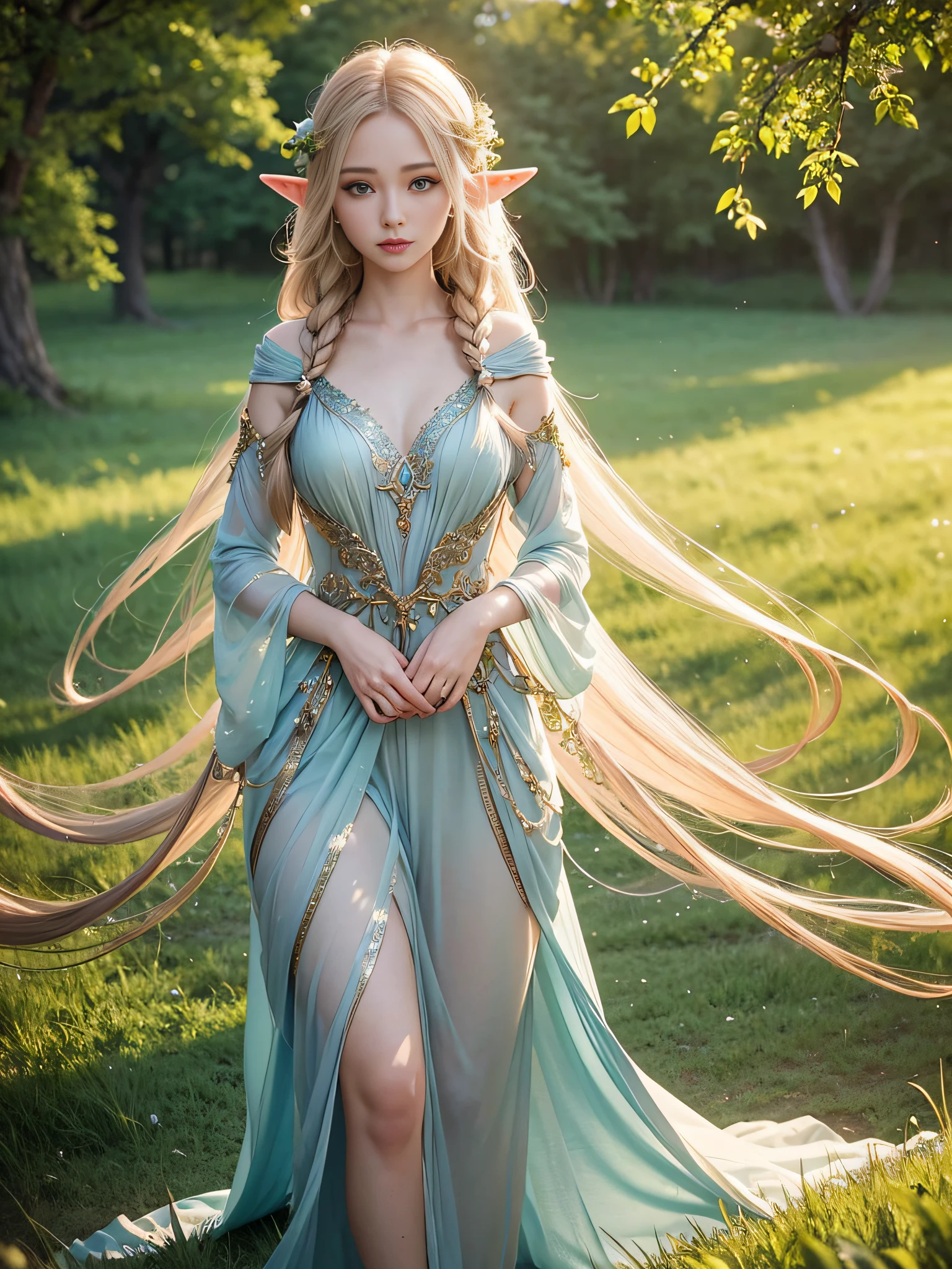 Graceful elven girl standing in meadow, Delicate face illuminated by the soft light of the setting sun. Her long, Flowing hair runs down your back, Decorated with intricate braids、Adorned with sparkling gemstones. This stunning picture is、、It captures the ethereal beauty of elves. Slender figure in a silk dress、Swaying in the soft steppe breeze. Attention to detail、Face that is、It is evident in the intricate patterns of the dress and the subtle highlights of the luminescence. skin. The breathtaking portrayal of the elven girl is、、Create an enchanting atmosphere、It invites the viewer to a magical world.
