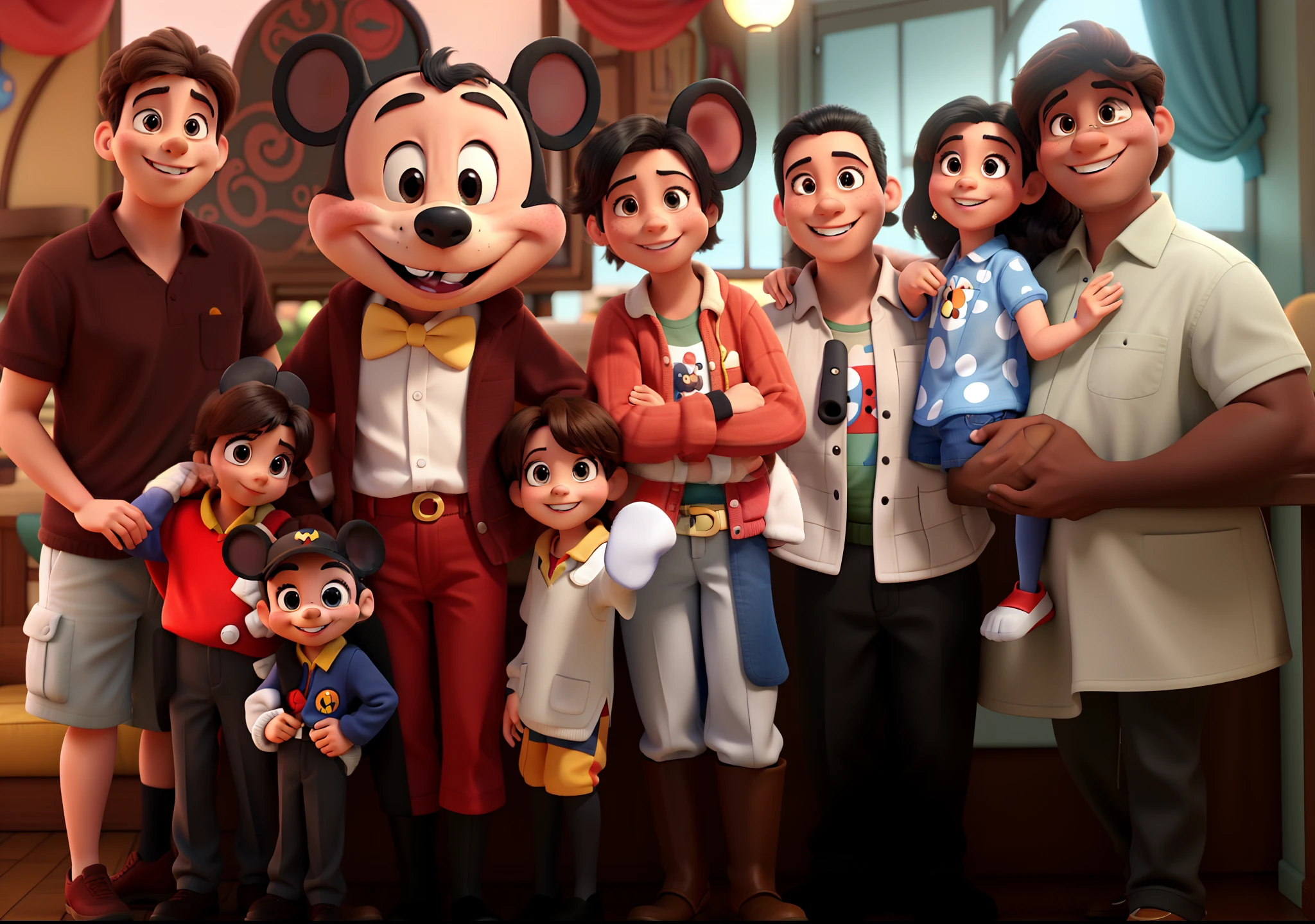 A family in a photo with Mikey Mouse at Disney in Pixar style. high quality, best quality