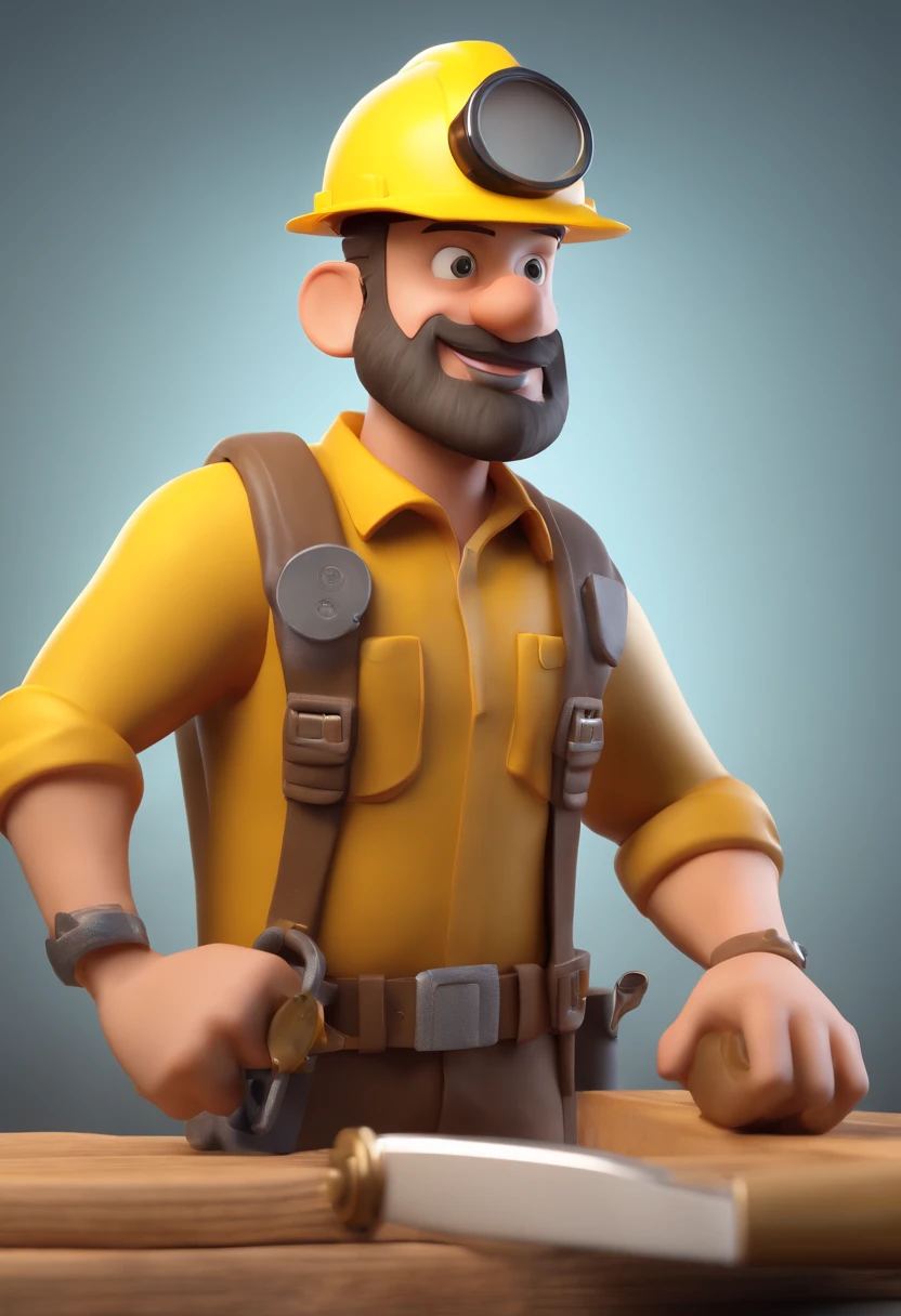 Personagem de desenho animado de um homem com barba e uma camisa amarela, um personagem animado, A Construction Engineer, Caractere estilizado, animation style rendering, 3D estilizado, Arnold Maya render, 3 d render stylized, toon render keyshot, Personagem 3D, Personagem 3D, 3d rendering stylized, 3 d character render, personagem de desenho animado, Personagem de close up, Pose de personagem, (Estilo Pixar) (master part:1.2) (Bokeh) (best quality) (pele detalhada) (textura detalhada) (8k) (argila) (Cinematic lighting) (foco nítido,Senta e vaza a parte superior do corpo
