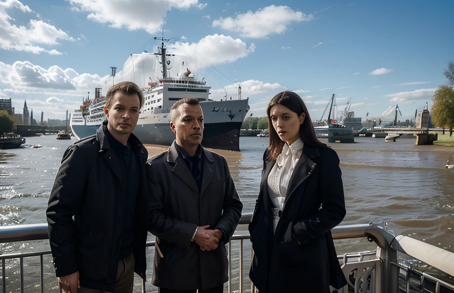 The hunt for The Shadow continued to be the main objective of (((James Williams, David Brown and Catherine Boorman))), the (three) (two men) (one woman) stood near the ((river Thames))) looking The ((ships)) They were determined to capture the traitor and unravel the mystery behind her plots to destabilize the country. Each clue took them closer to their targets, but the dark truth began to reveal itself and the characters were forced to make difficult decisions in their quest for justice.