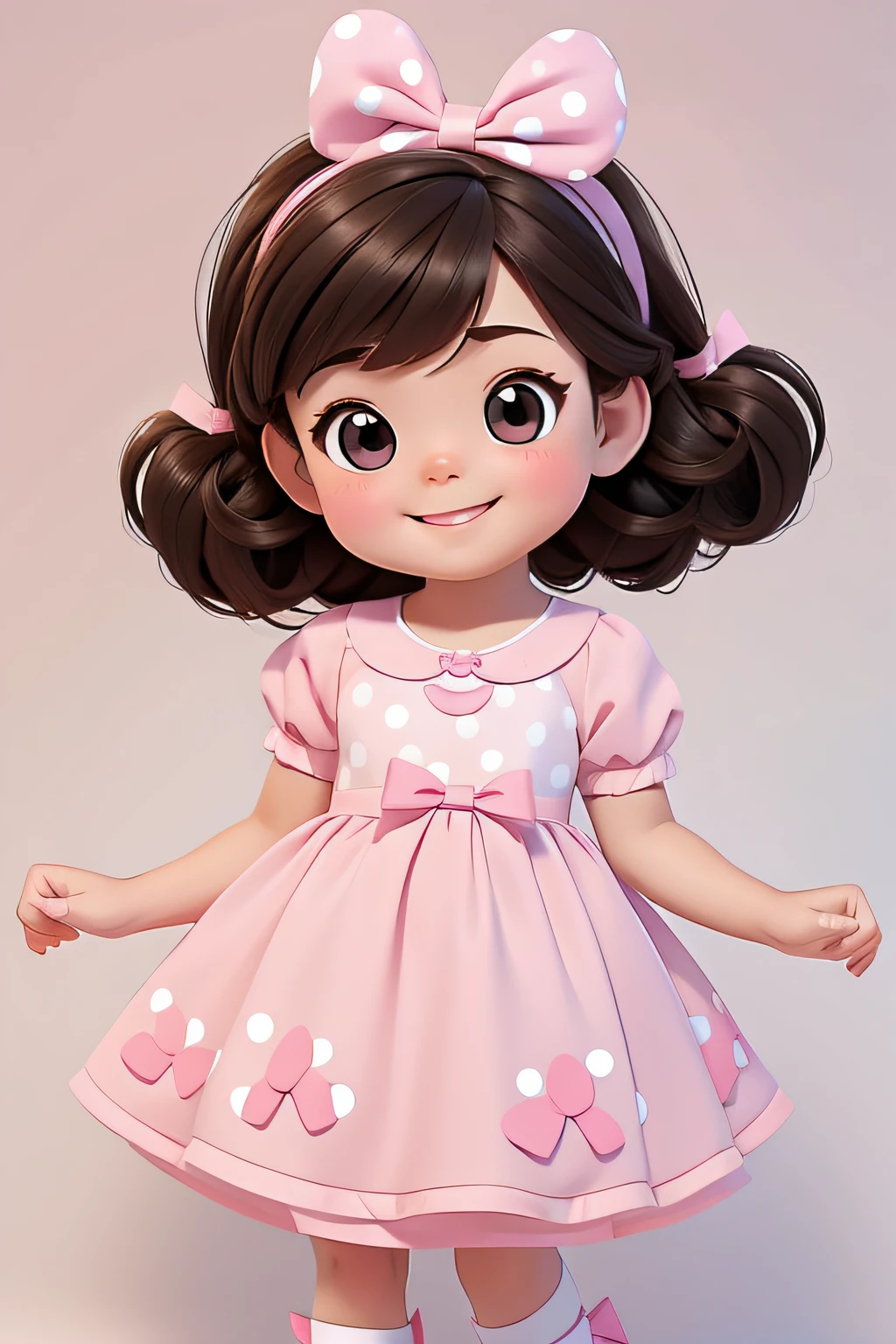 [(A cute smiling brunette girl :1.2)(Small and cute )(with fair skin)(cheerfulness)][(Wear costumes inspired by "stuffed animals".) , KIDS ILLUSTRATION , clean backdrop], Wearing a small pink dress，It has white polka dots on it，There is a bow in the hair, full bodyesbian, Wear black shoes