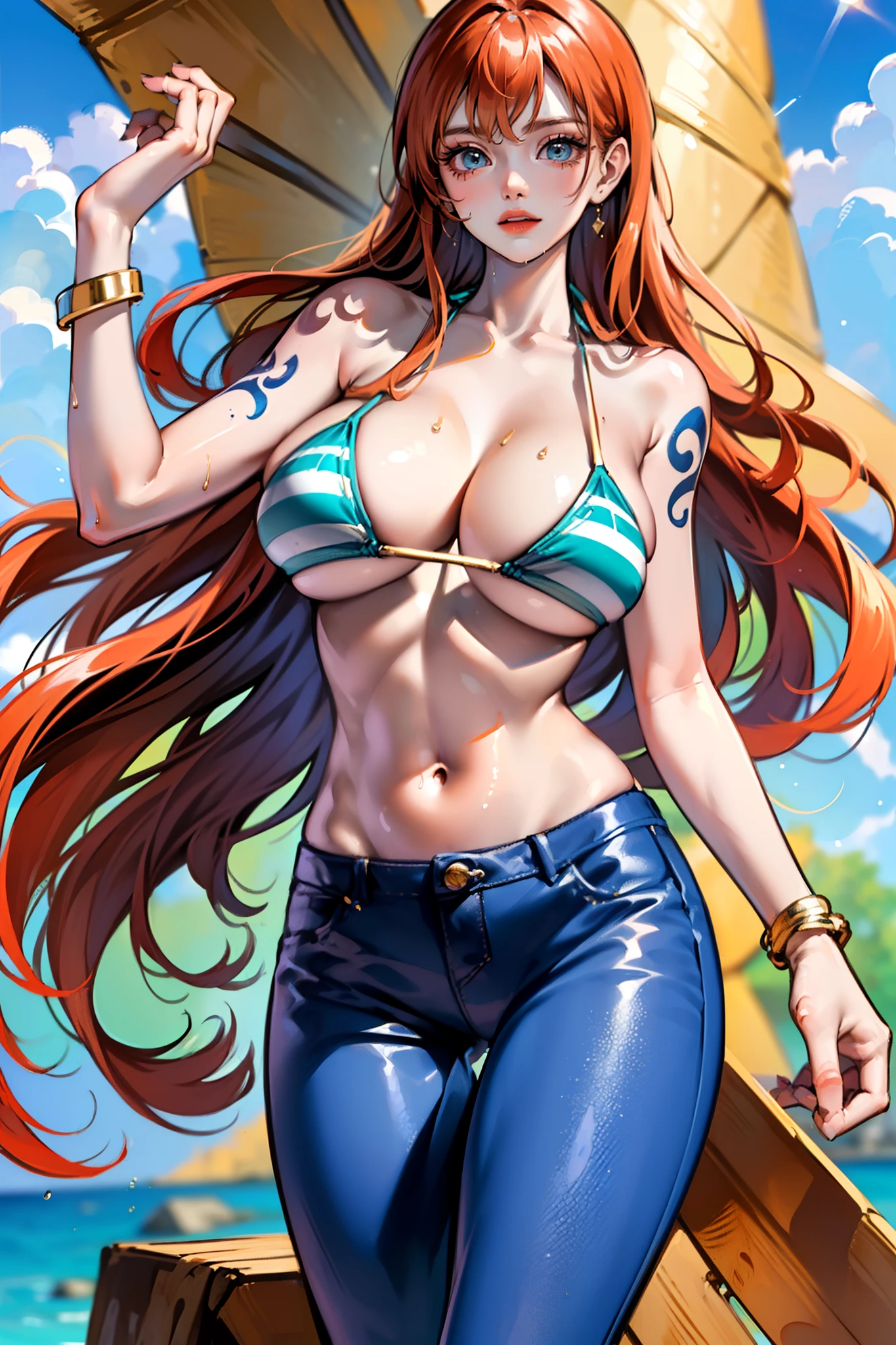 ((巨作)) ((Best Quality)) ((A highly detailed))  ((1Woman)) ((bikini)) ((bikini top only)) ((orange long hair)) ((silky long hair)) ((Right shoulder tattoo))  ((tall ;)) ((One Piece Nami)) ((Nami)) ((wet body)) ((big tits))  ((Attractive eyes)) ((sharp eyes)) ((slim body)) ((High-precision shades)) ((Attractive colors)) ((sky blue)) ((Log pose on her hand)) ((gold bracelets)) , tight , Low length jeans , Light shadows