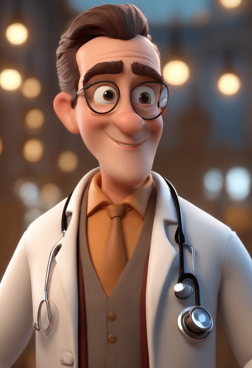 Cartoon character of a doctor with black eyes and big eyelashes, boca desenhada e nariz fino, with medium brown and wavy hair, Inside a Clinical Animation Character, Caractere estilizado, animation style rendering, 3D estilizado, Arnold Maya render, 3 d render stylized, toon render keyshot, Personagem 3D, Personagem 3D, 3d rendering stylized, 3 d character render, personagem de desenho animado, Personagem de close up, Pose de personagem, (Estilo Pixar) (master part:1.2) (Bokeh) (best quality) (pele detalhada) (textura detalhada) (8k) (argila) (Cinematic lighting) (foco nítido