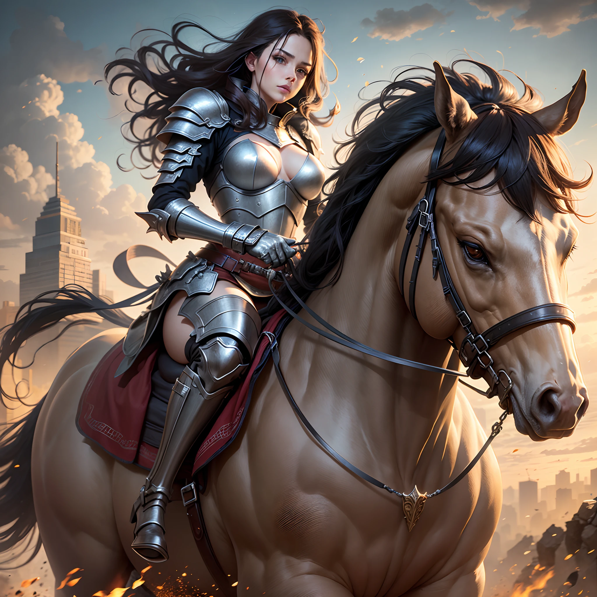 ultra hq, realistic, woman riding an armoured horse --auto --s2