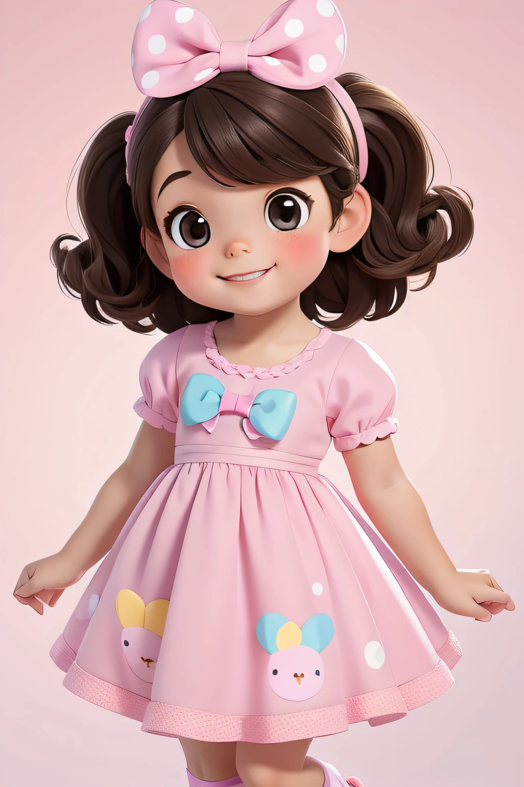 [(A cute smiling brunette girl :1.2)(Small and cute )(with fair skin)(cheerfulness)][(Wear costumes inspired by "stuffed animals".) , KIDS ILLUSTRATION , clean backdrop], Wearing a small pink dress，It has white polka dots on it，There is a bow in the hair, full bodyesbian, Wear black shoes