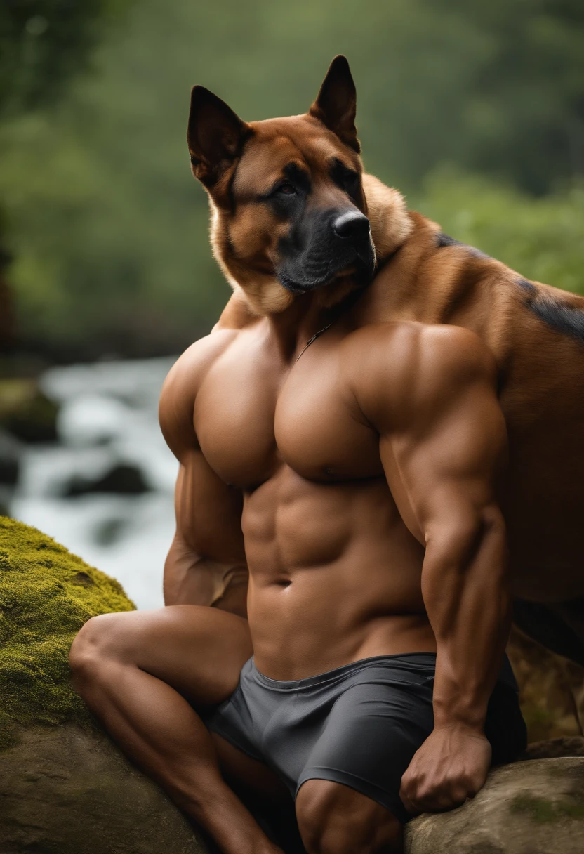 Nature,( a muscle man asian, show your big handsome) , a dog