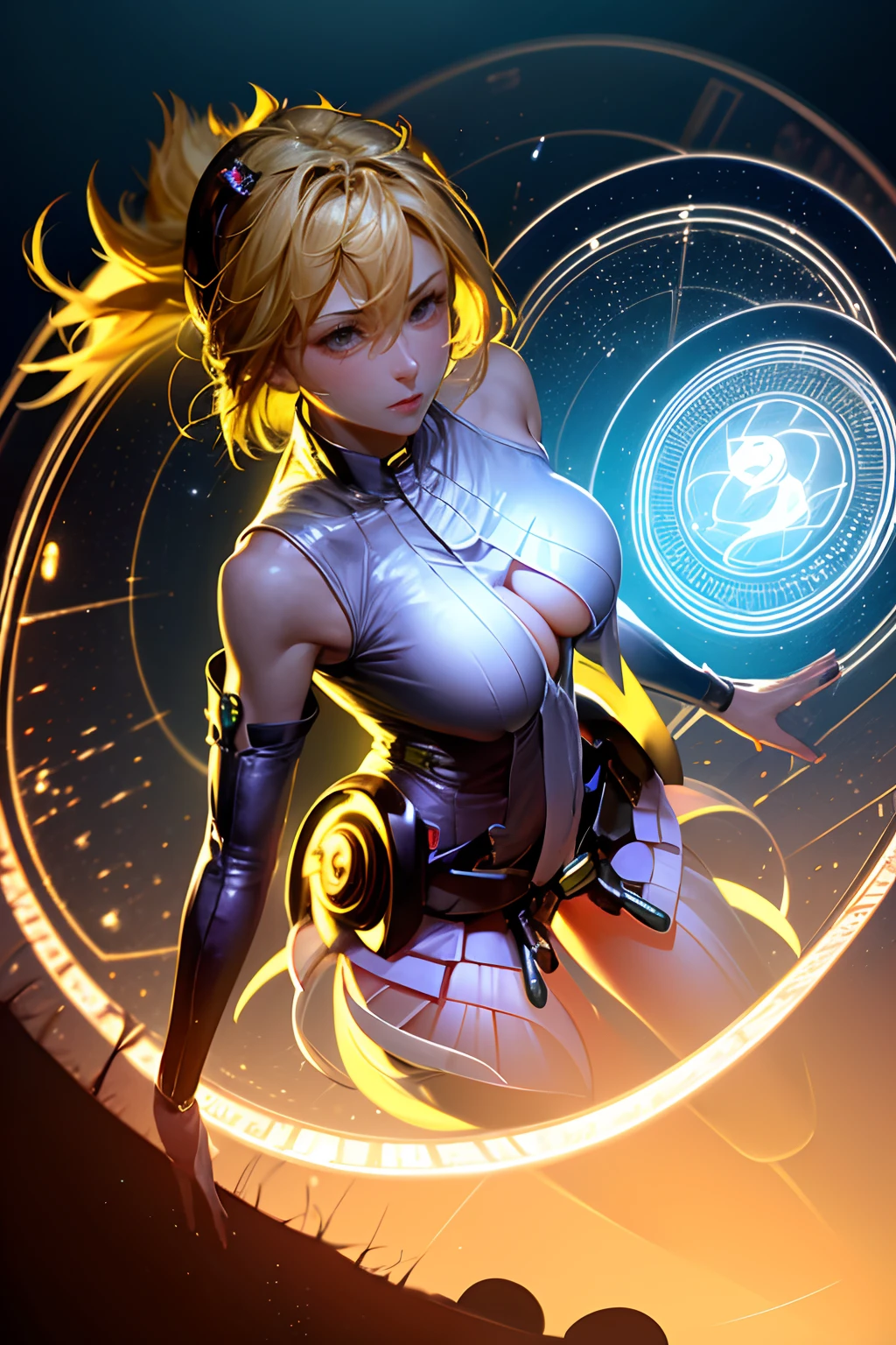 (Obra maestra:1.2), (La mejor calidad:1.2), Perfect lighting, Chica Maga Oscura lanzando un hechizo, flotando en el aire, Levitating over a magic circle , Portal de Circle, tetas grandes, escote abierto, fondo de magia. Pose sejustiva y sexy