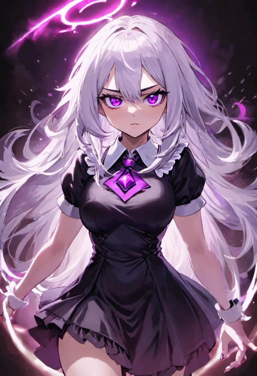 (masterpiece, best quality, ultra-detailed, best shadow), (detailed background,dark fantasy), (beautiful detailed face), high contrast, (best illumination, an extremely delicate and beautiful), ((cinematic light)), colorful, hyper detail, dramatic light, intricate details, (solo, sharp fcce, pointed purple eyes, white eyebrows, white eyelashes, dynamic angle, 1woman, adult, long white hair, purple eyes, black dress, short sleeves, white collar, looking at viewer, mature, serious expression, sharp eyes) view from waist upwards