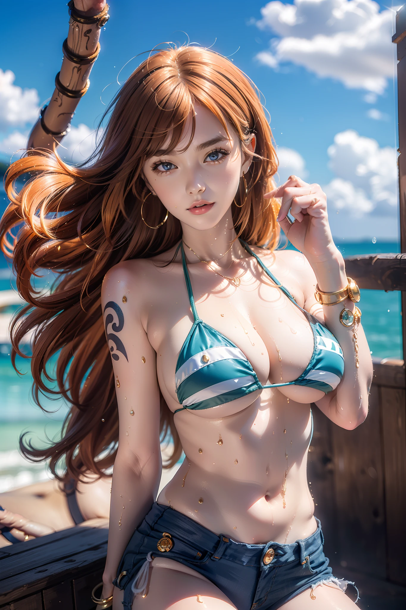 ((巨作)) ((Best Quality)) ((A highly detailed)) ((1Woman)) ((bikini)) ((bikini top only)) ((orange long hair)) ((silky long hair)) ((Right shoulder tattoo)) ((tall ;)) ((One Piece Nami)) ((Nami)) ((wet body)) ((big tits)) ((Attractive eyes)) ((sharp eyes)) ((slim body)) ((High-precision shades)) ((Attractive colors)) ((sky blue)) ((Log pose on her hand)) ((gold bracelets)) , tight , Low length jeans , Light shadows
