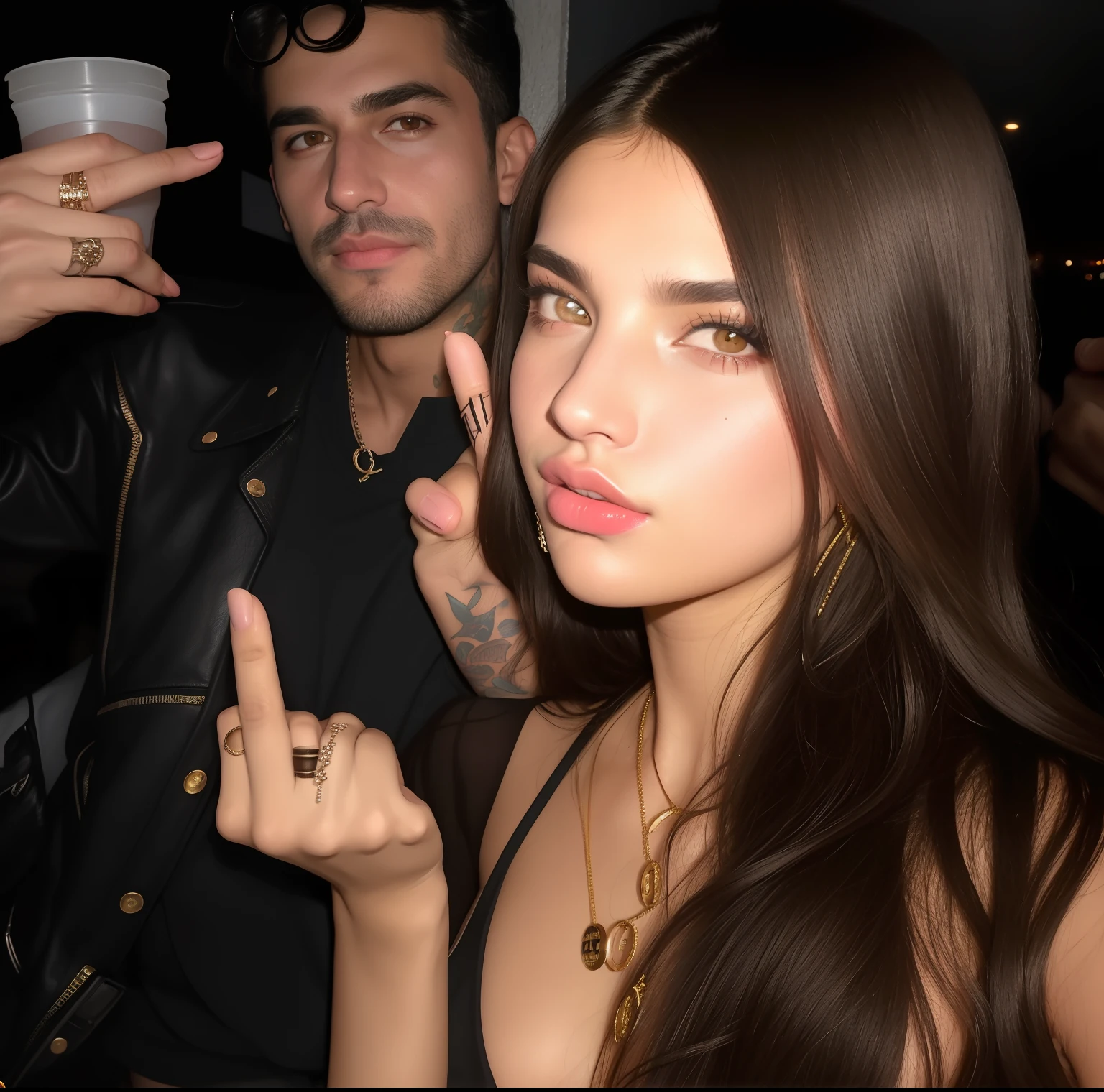 there is a man and a woman posing for a picture, giving the middle finger, arian mark, middle finger, portrait emily ratajkowski, marischa becker, by Benjamin Marra, charli bowater and artgeem, emily ratajkowski, dua lipa, adriana lima, duckface, mean smirk, in style of terry richardson, zac retz