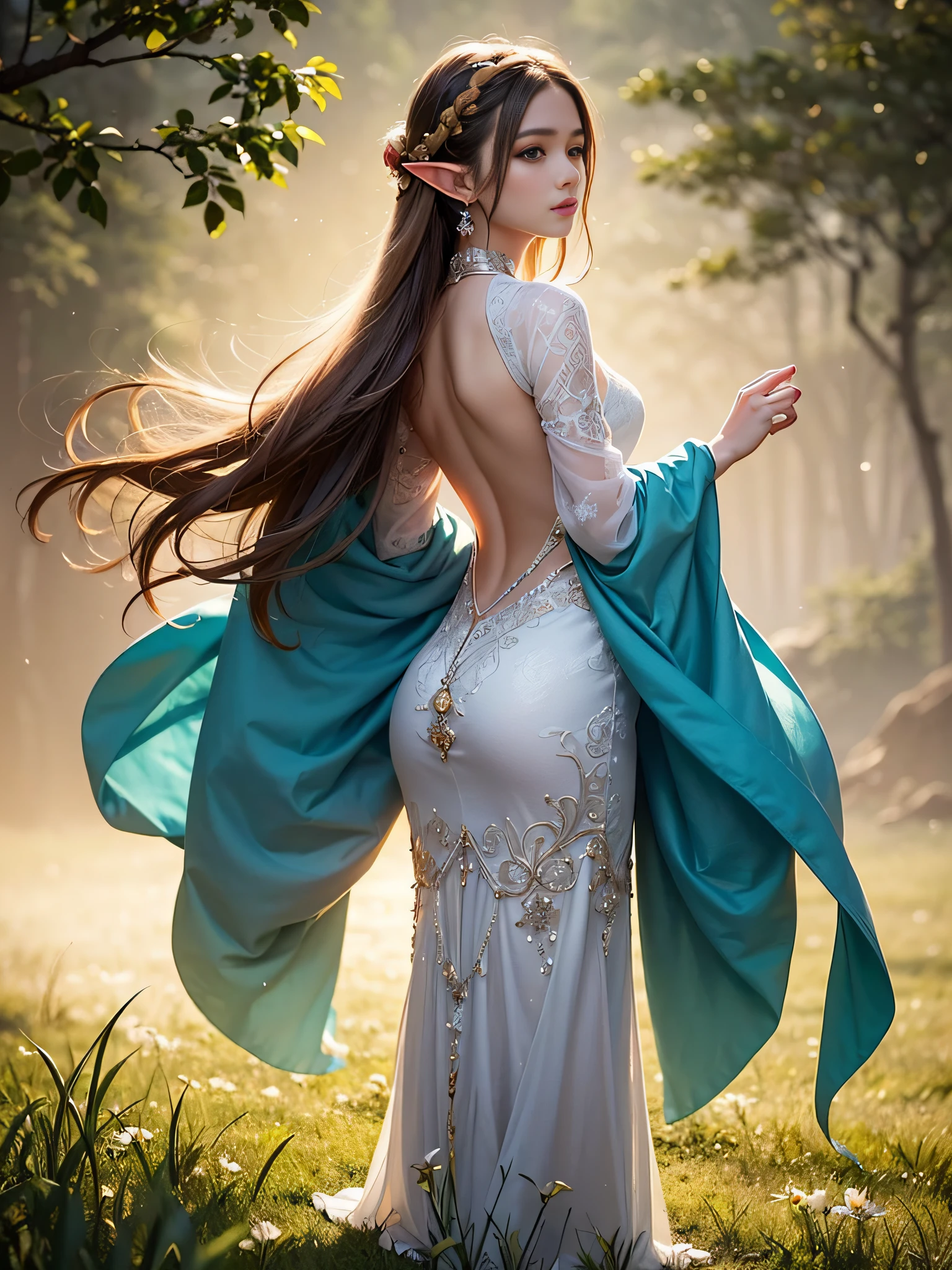 Graceful elven girl standing in meadow, Delicate face illuminated by the soft light of the setting sun. Her long, Flowing hair runs down your back, Decorated with intricate braids、Adorned with sparkling gemstones. This stunning picture is、、It captures the ethereal beauty of elves. Slender figure in a silk dress、Swaying in the soft steppe breeze. Attention to detail、Face that is、It is evident in the intricate patterns of the dress and the subtle highlights of the luminescence. skin. The breathtaking portrayal of the elven girl is、、Create an enchanting atmosphere、It invites the viewer to a magical world.
