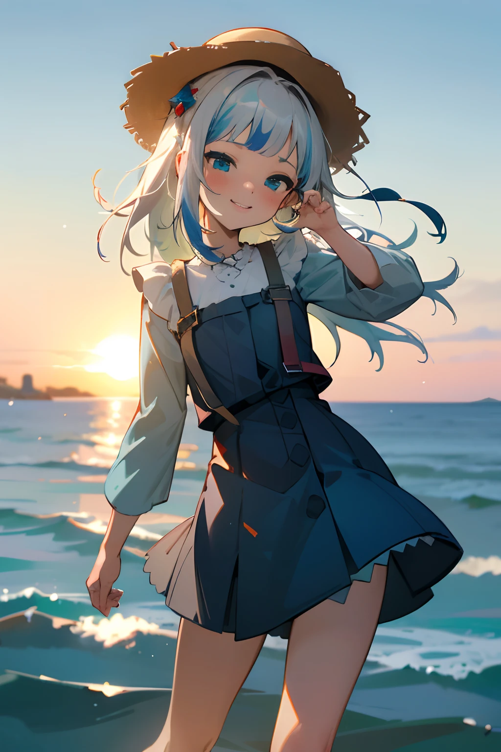 ((Gawr gura)), ((masterpiece)), wide shot, (Professional Photography:1.2), blue dress, cute pose, (ultra-detailed), (((incredibly absurdres))), 1girl, solo, flat chest, (blush,smile), blue ocean+background, straw hat,female focus,{light particles},detailed background, Soft Lighting, sunset, (wind blows)