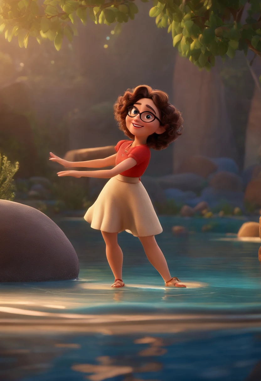Pixar style image with 3D character white glasses brunette woman short curly hair dancing, Maquiagem Disney,Pescador, bonitinho, sorridente ,Close-up, Pixar, Disney, Cinema lighting,
