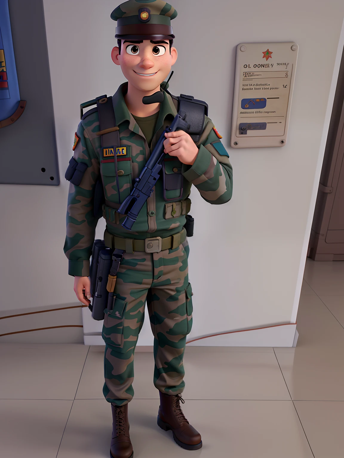 Militar Armado no estilo Disney pixar melhor qualidade, maior qualidade.