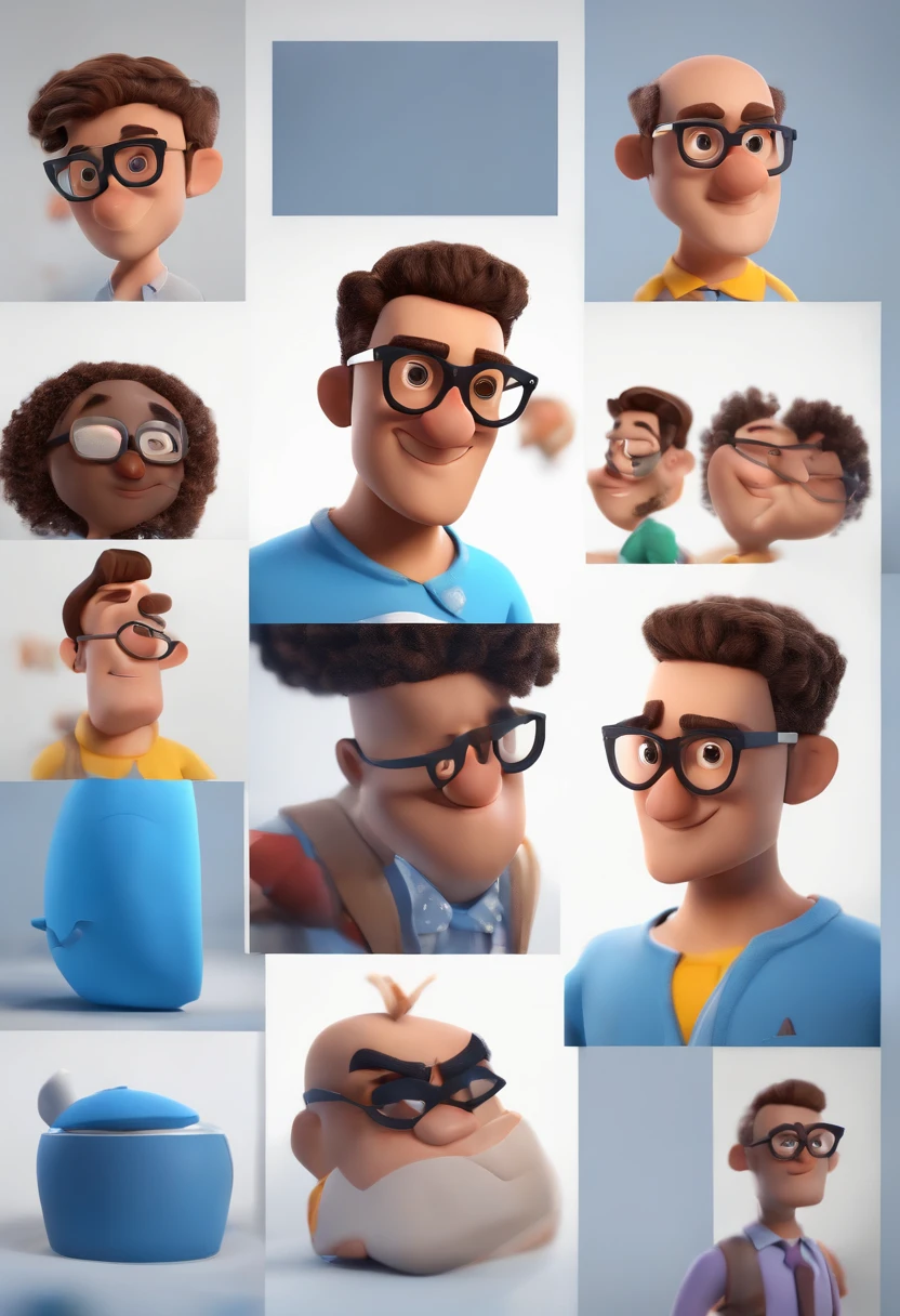 Cartoon character of a man wearing black glasses and a blue shirt, um personagem animado, Caractere estilizado, animation style rendering, 3D estilizado, Arnold Maya render, 3 d render stylized, toon render keyshot, Personagem 3D, Personagem 3D, 3d rendering stylized, 3 d character render, personagem de desenho animado, Personagem de close up, Pose de personagem, (Estilo Pixar) (master part:1.2) (Bokeh) (best quality) (pele detalhada) (textura detalhada) (8k) (argila) (Cinematic lighting) (foco nítido,Senta e vaza a parte superior do corpo