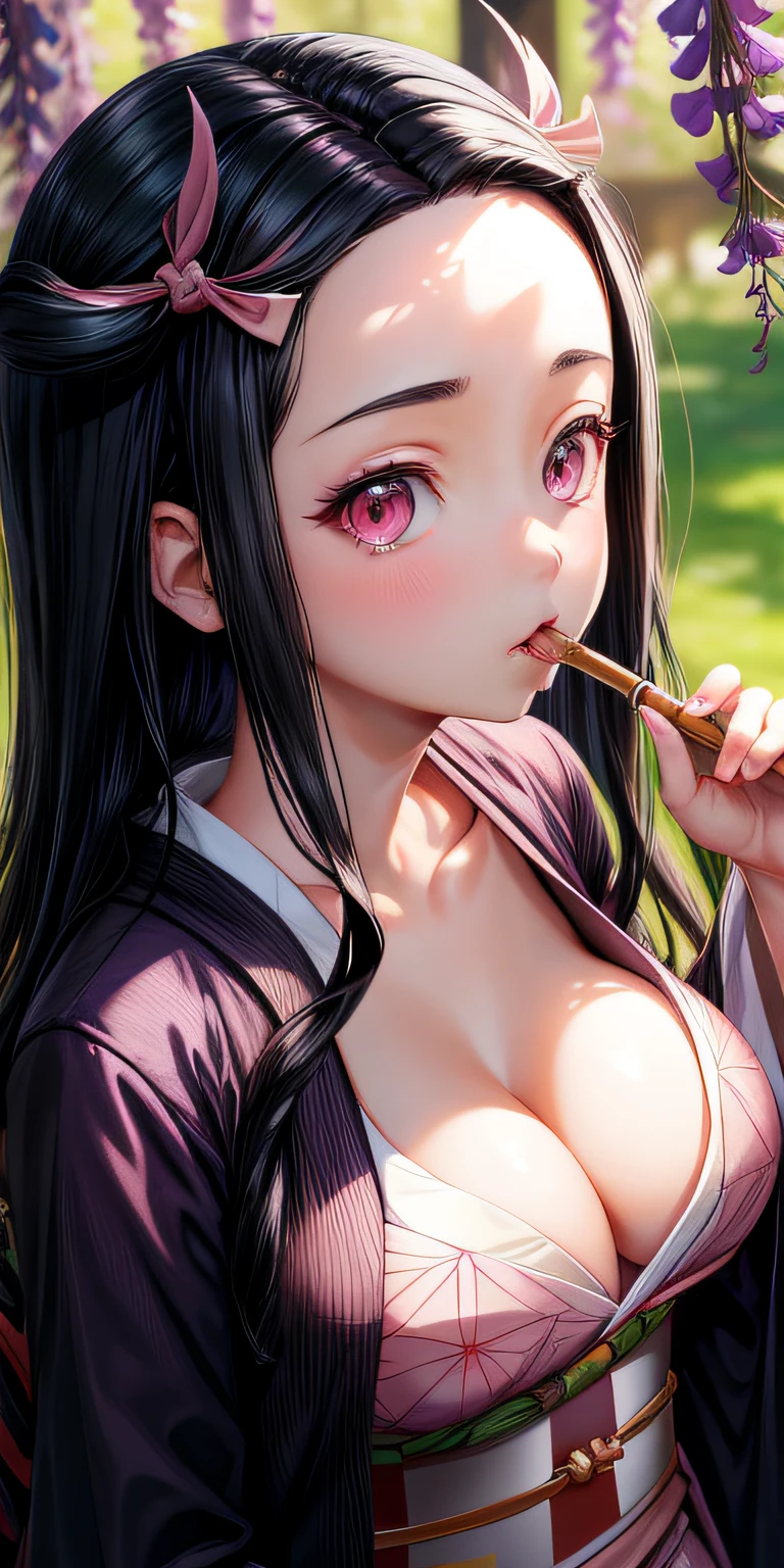 masterpiece, (pink kimono), seductive face, good lighting, cleavage, fine detail, masterpiece, glowing eyes, 1girl, black hair, sucking, nezuko kamado, wisteria background, masterpiece, best quality, pov,,