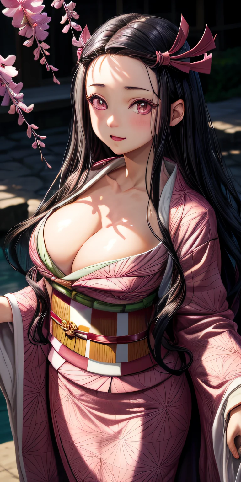 masterpiece, (pink kimono), seductive face, good lighting, cleavage, fine detail, masterpiece, glowing eyes, 1girl, black hair, sucking, nezuko kamado, wisteria background, masterpiece, best quality, pov,,