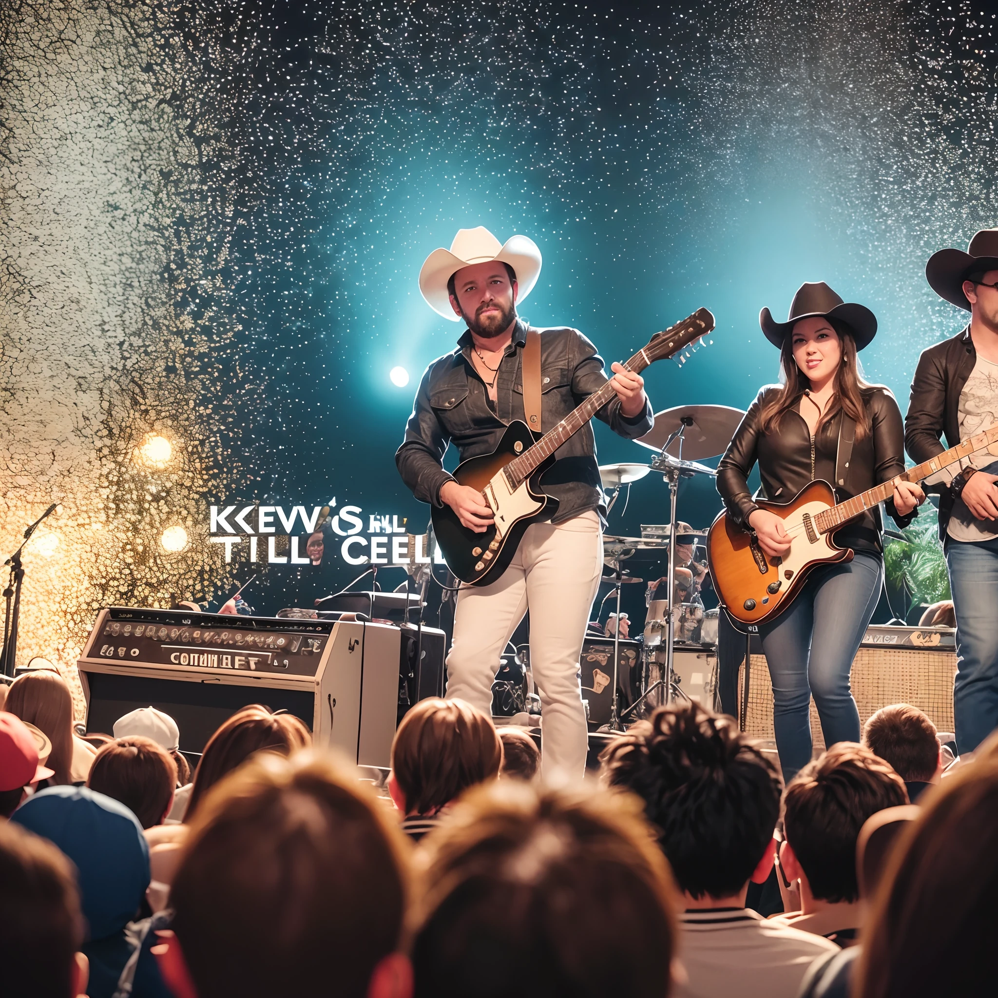 a pro photo of a country music band, with a full custom "Kevin McCree's New Country Allstars" painted back dropon stage, a full band playing, at outdoor concert,  lots of people kicking up dust and cowgirls dancing, at night, volumetric lighting, this is for "Kevin McCree's" record cover --auto --s2