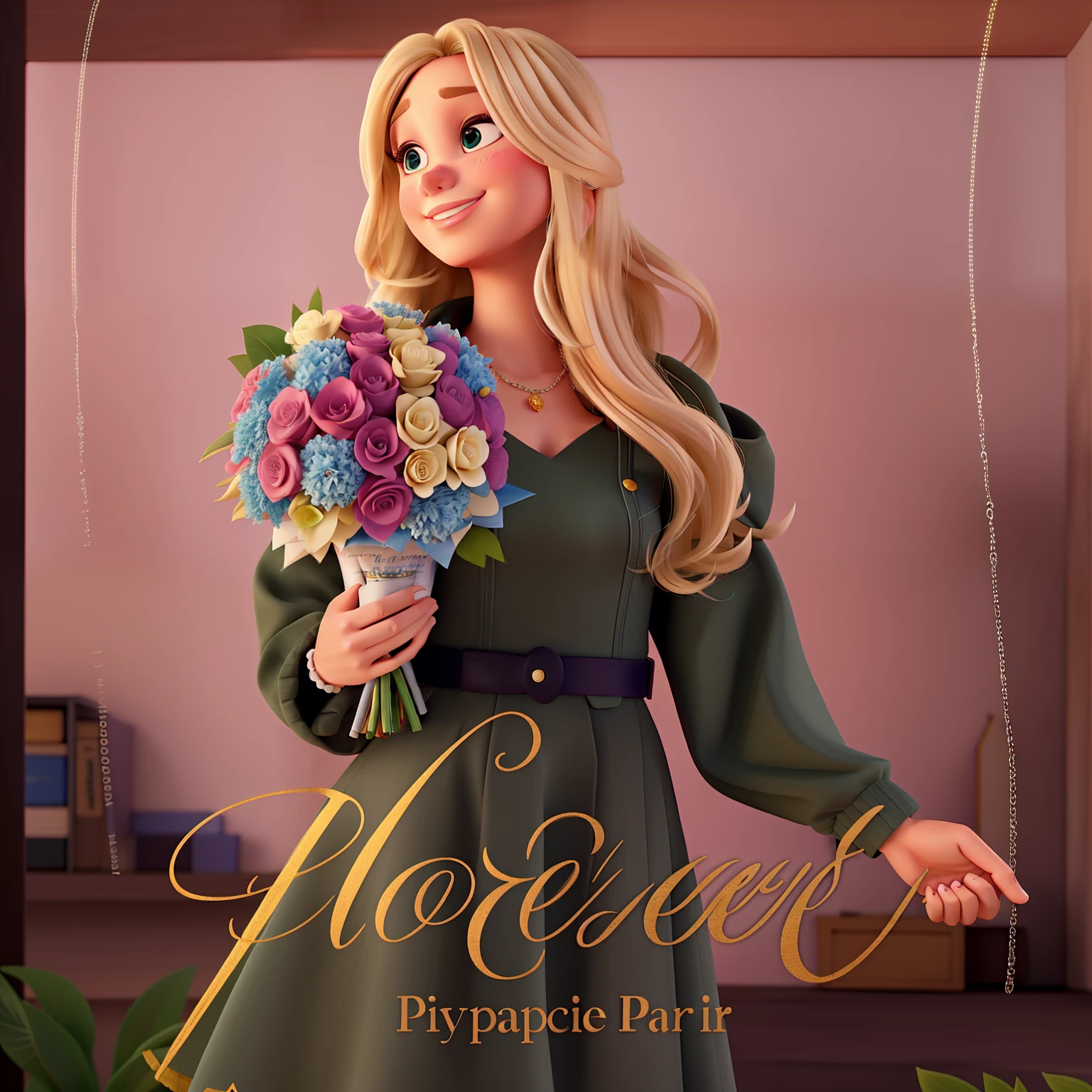 A blonde woman holding a Disney Pixar style bouquet, alta qualidade, melhor qualidade